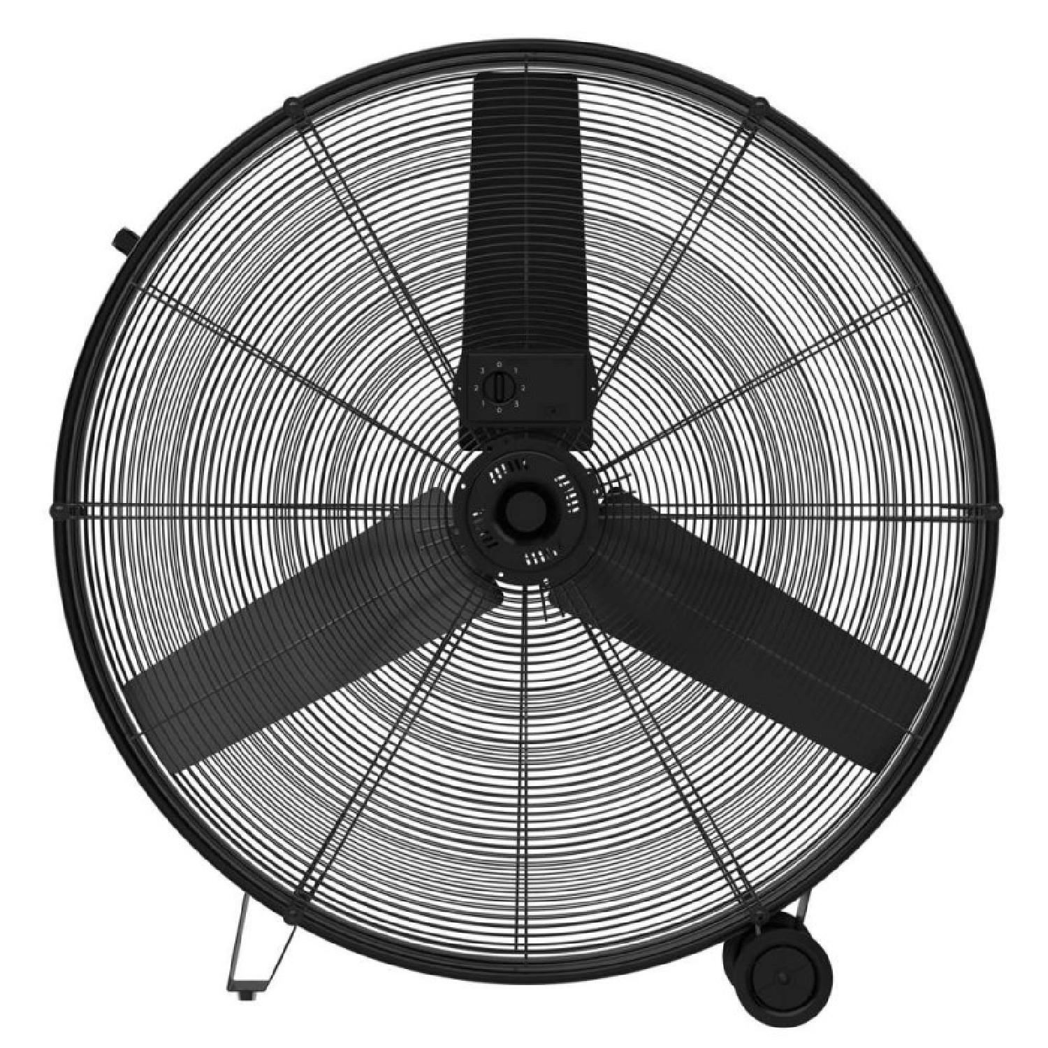 Un grande ventilatore nero a tre pale su un supporto metallico con ruote.