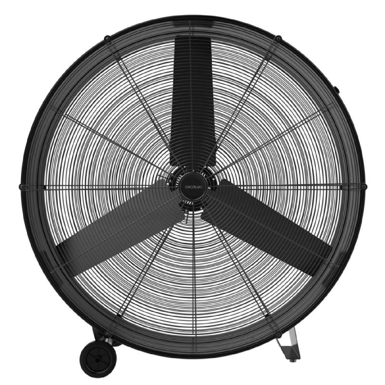 Un grande ventilatore industriale nero a tre pale e ruote.