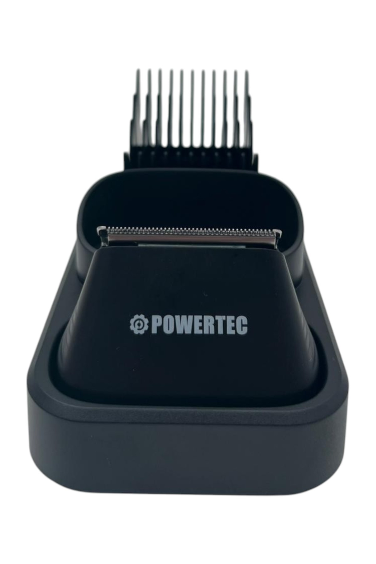 Taraklı ve POWERTEC logolu siyah düzeltici aparatı beyaz zeminde.