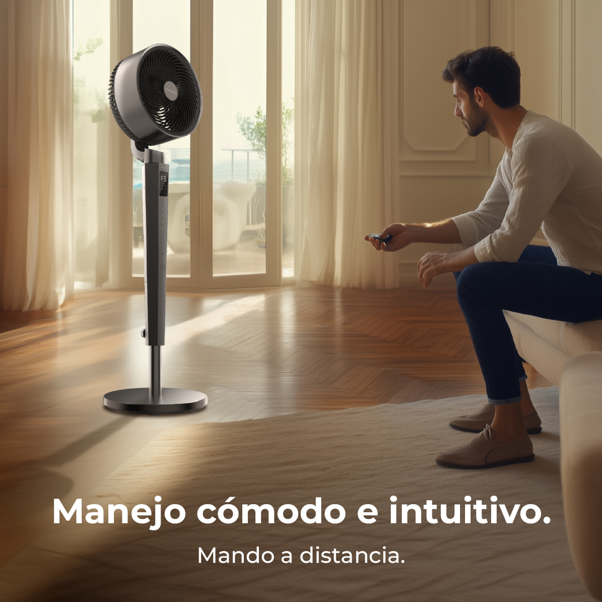 Un uomo seduto su un divano usa un telecomando per un ventilatore da terra.