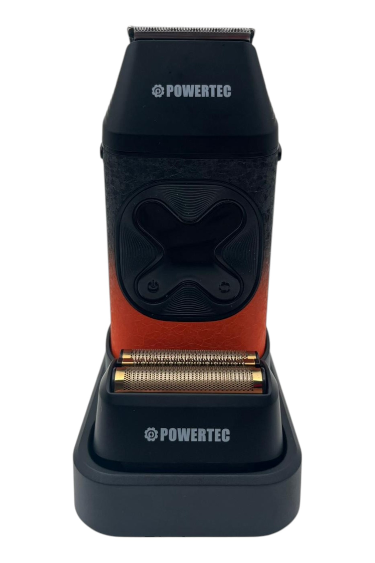 Gümüş bıçaklı siyah ve turuncu Powertec tıraş makinesi, siyah stand üzerinde.