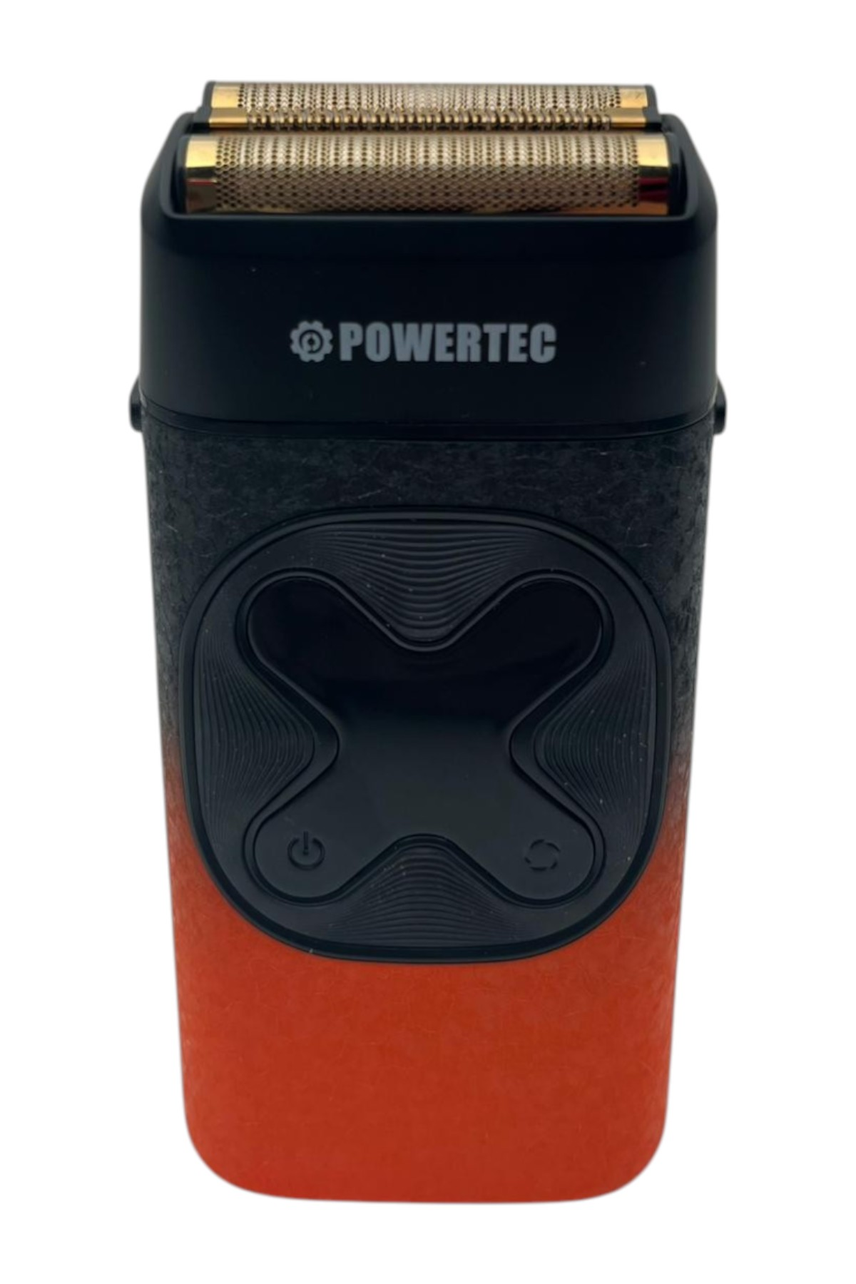 Gümüş Powertec logolu, altın kesici folyolu siyah tıraş makinesi.