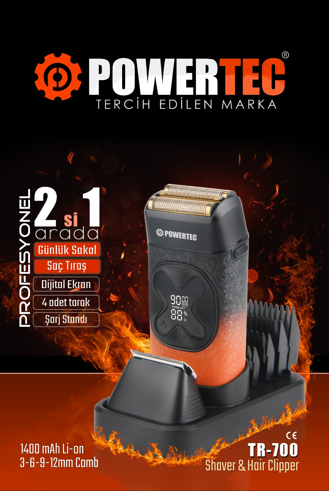 Dijital ekranlı siyah ve turuncu Powertec tıraş ve saç kesme makinesi.