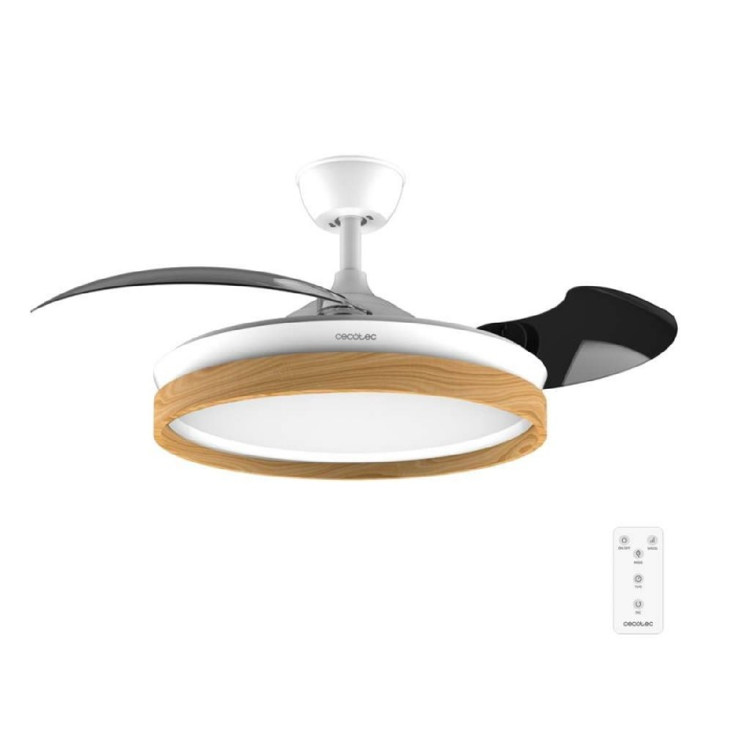 Un ventilatore da soffitto moderno con luce integrata, bordo in legno e telecomando.