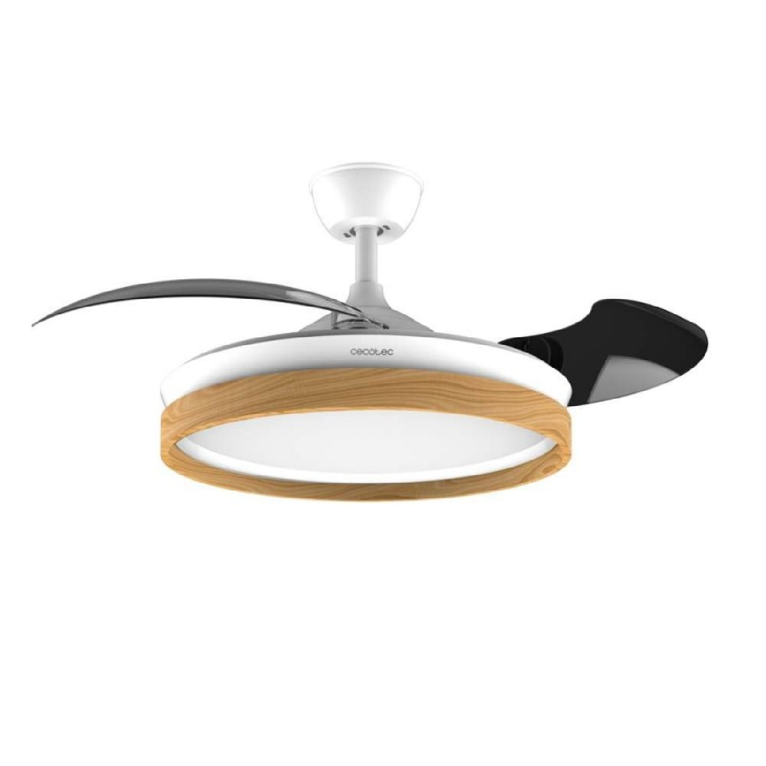 Ventilatore da soffitto con pale nere retrattili e finiture in legno.