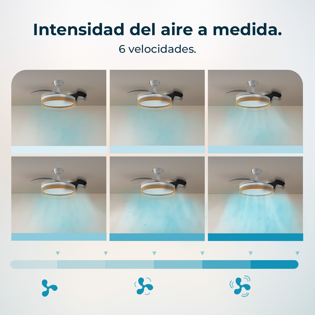 Ventilatore da soffitto con luce che mostra 6 velocità dell'aria.