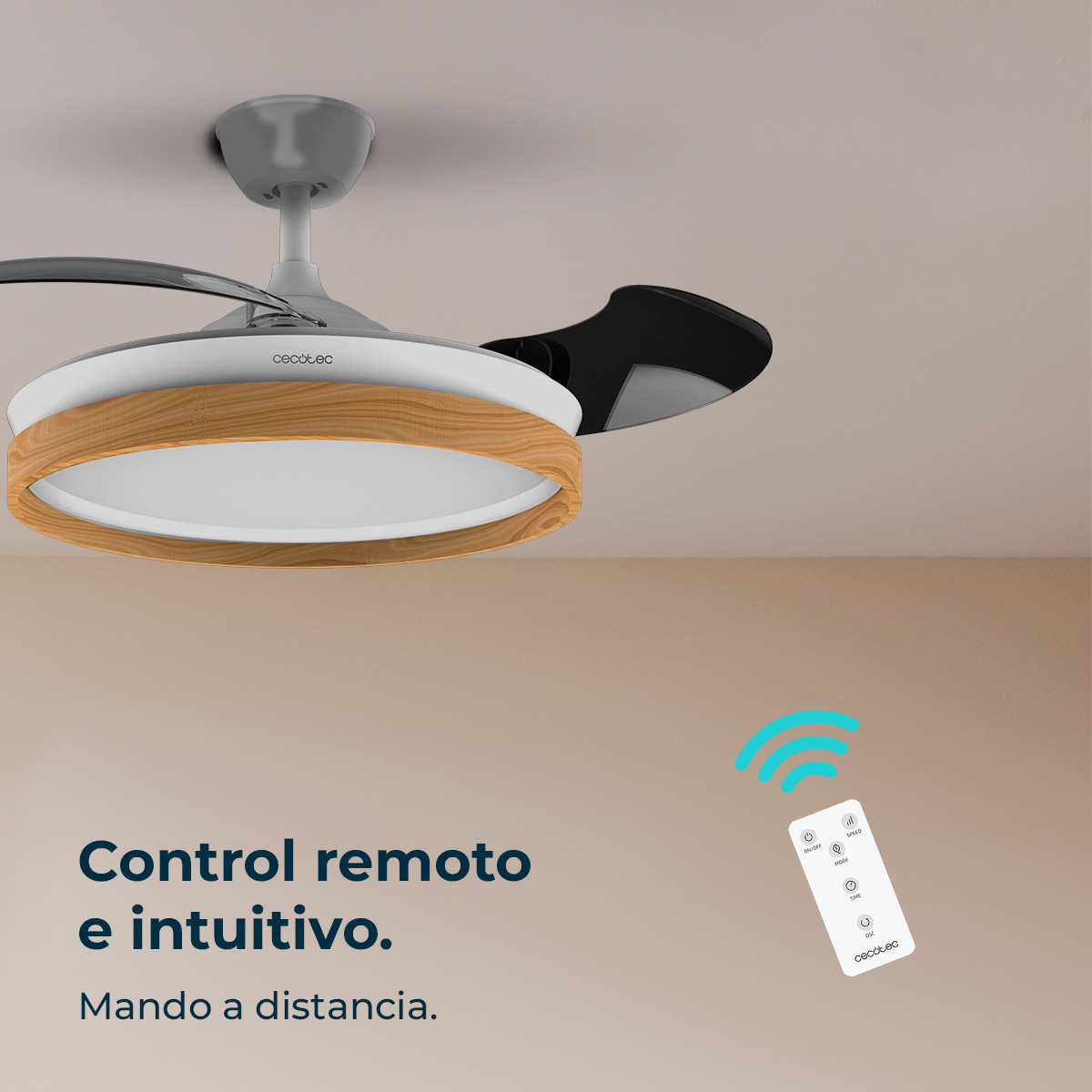 Ventilatore da soffitto con finiture in legno, luce LED e telecomando.