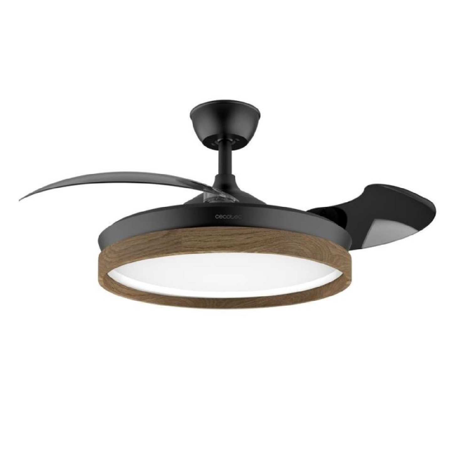 Ventilador de techo negro con borde de madera e iluminación LED integrada.