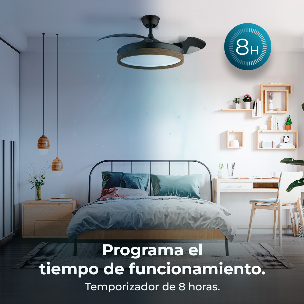 Dormitorio moderno con ventilador de techo, cama y escritorio. Temporizador 8h.