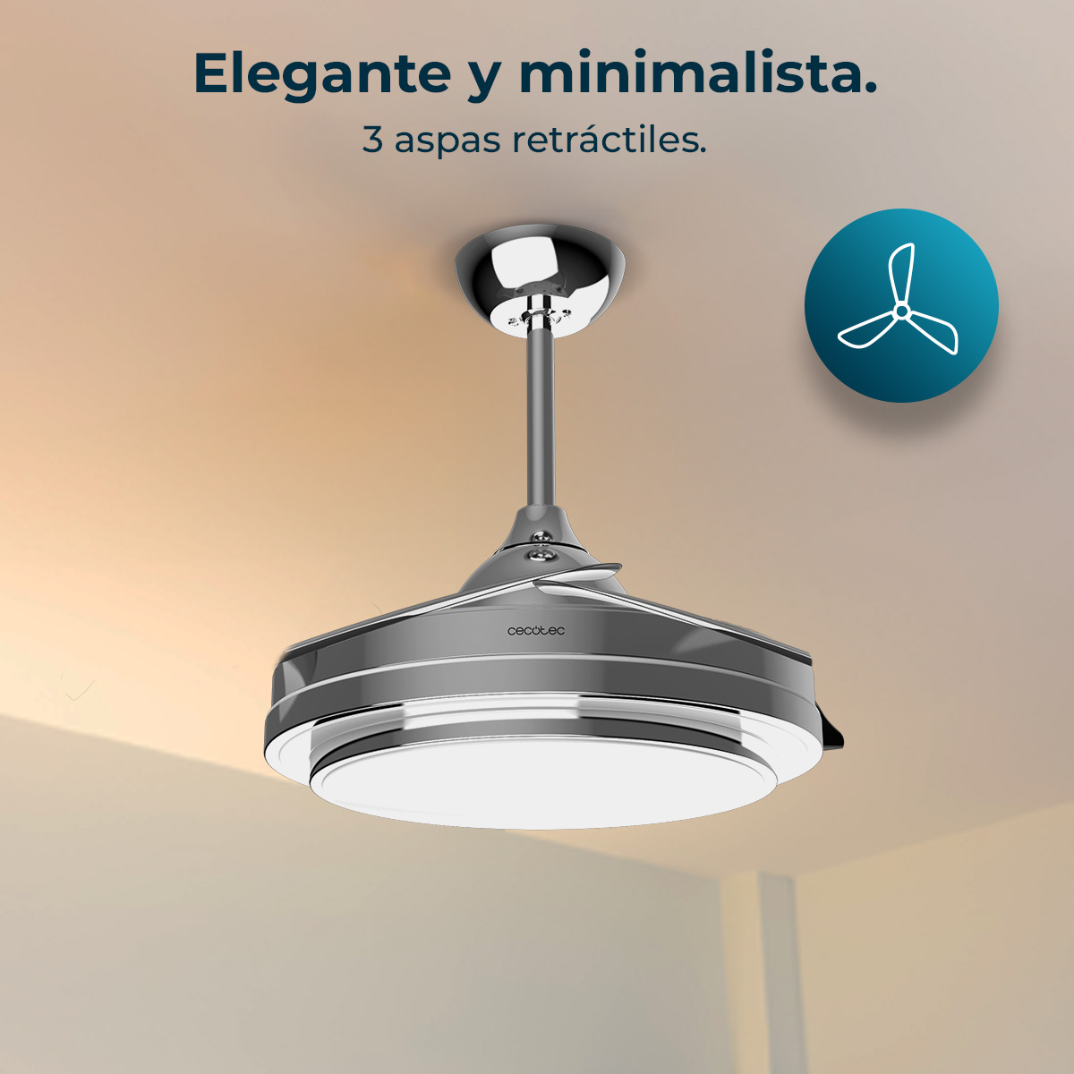 Un moderno ventilatore da soffitto con luce e pale retrattili.