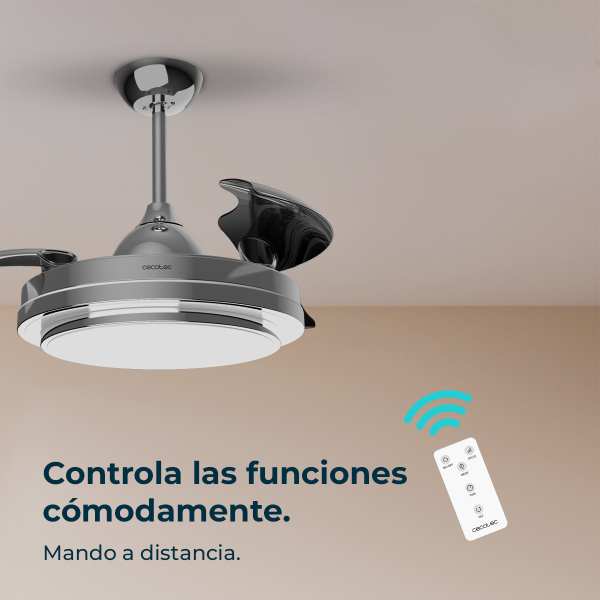 Un ventilatore da soffitto con luce e telecomando.