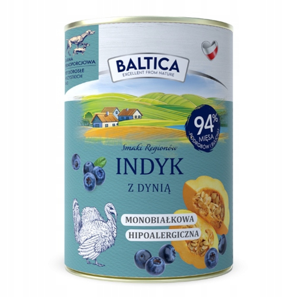 Puszka karmy dla psów: Indyki z dynią, jagody, ilustracja indyka, pagórkowaty krajobraz.