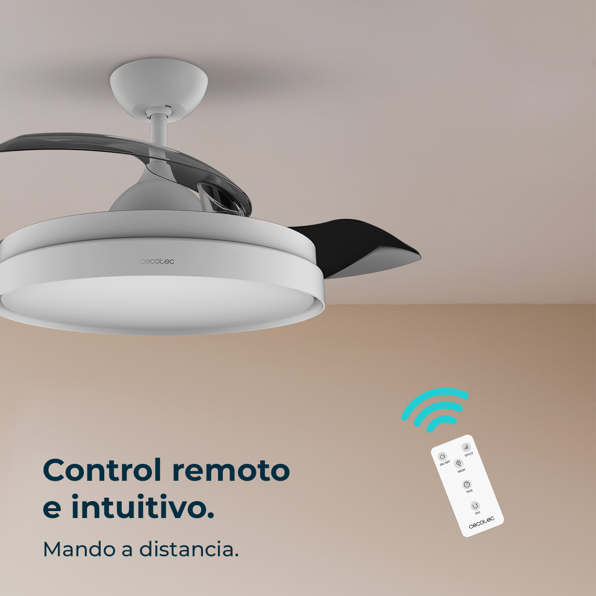 Una lampada ventilatore da soffitto bianca con telecomando e testo.