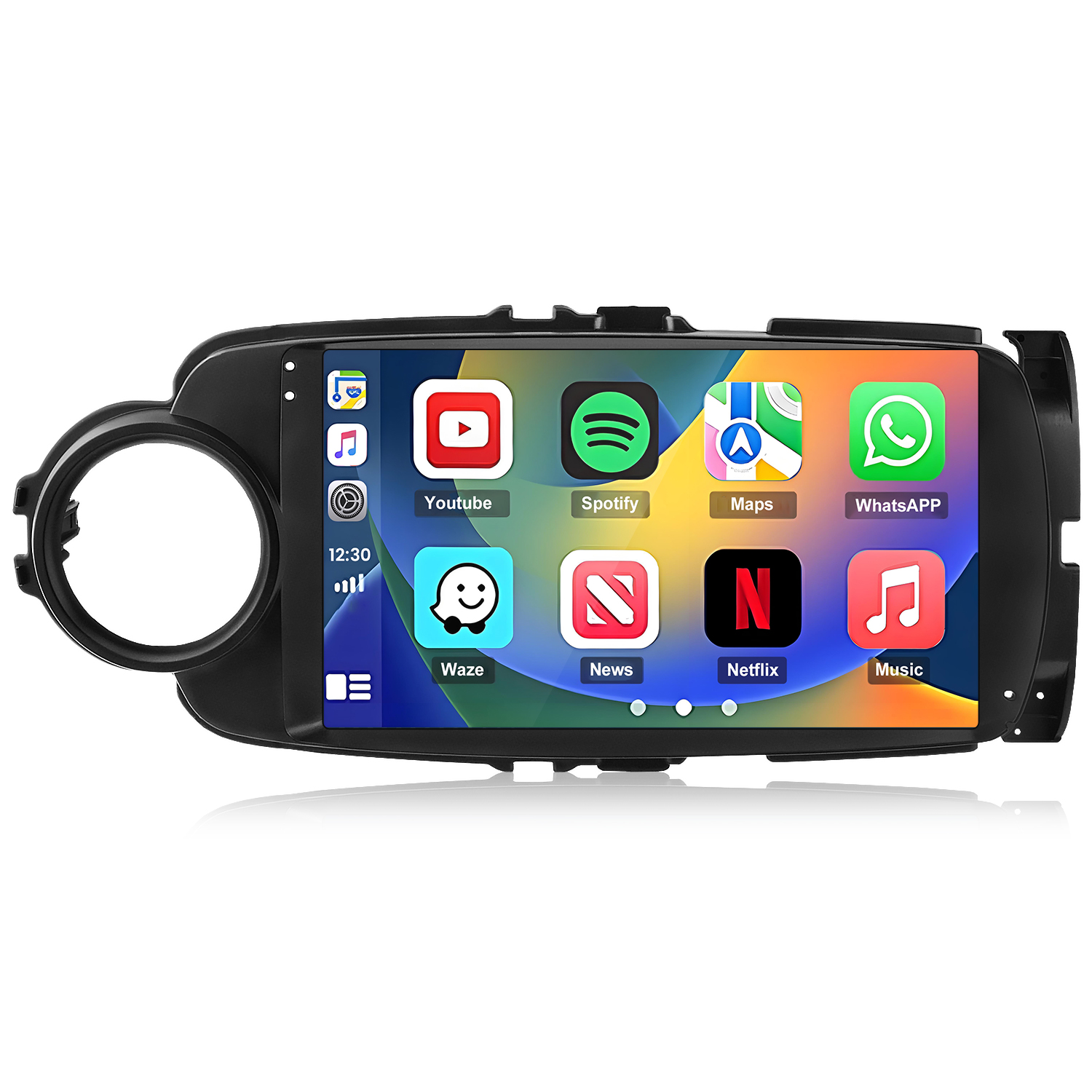 Un soporte de salpicadero negro con una pantalla táctil que muestra iconos de aplicaciones.