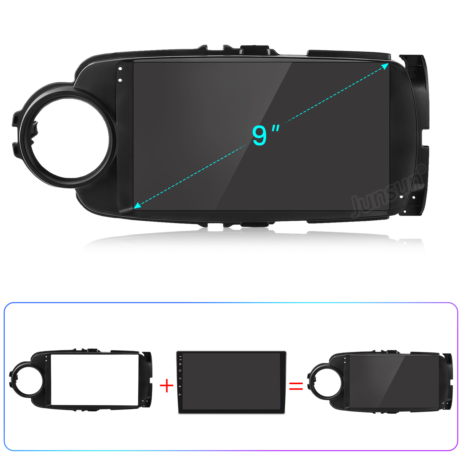 Pantalla de infoentretenimiento para coche de 9 pulgadas con marco negro y kit.