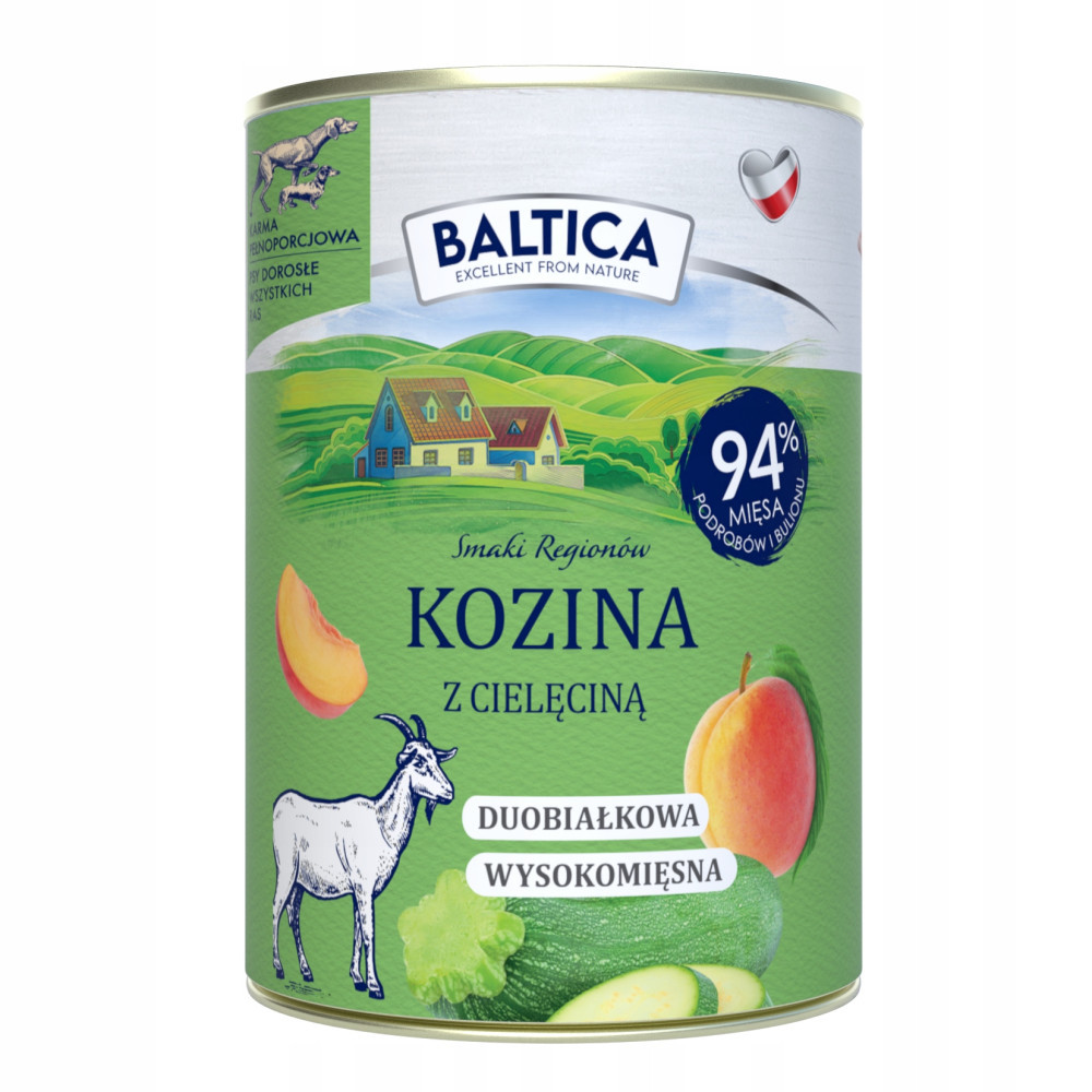 Puszka karmy dla psa z kozą, brzoskwinią, cukinią i domkami.