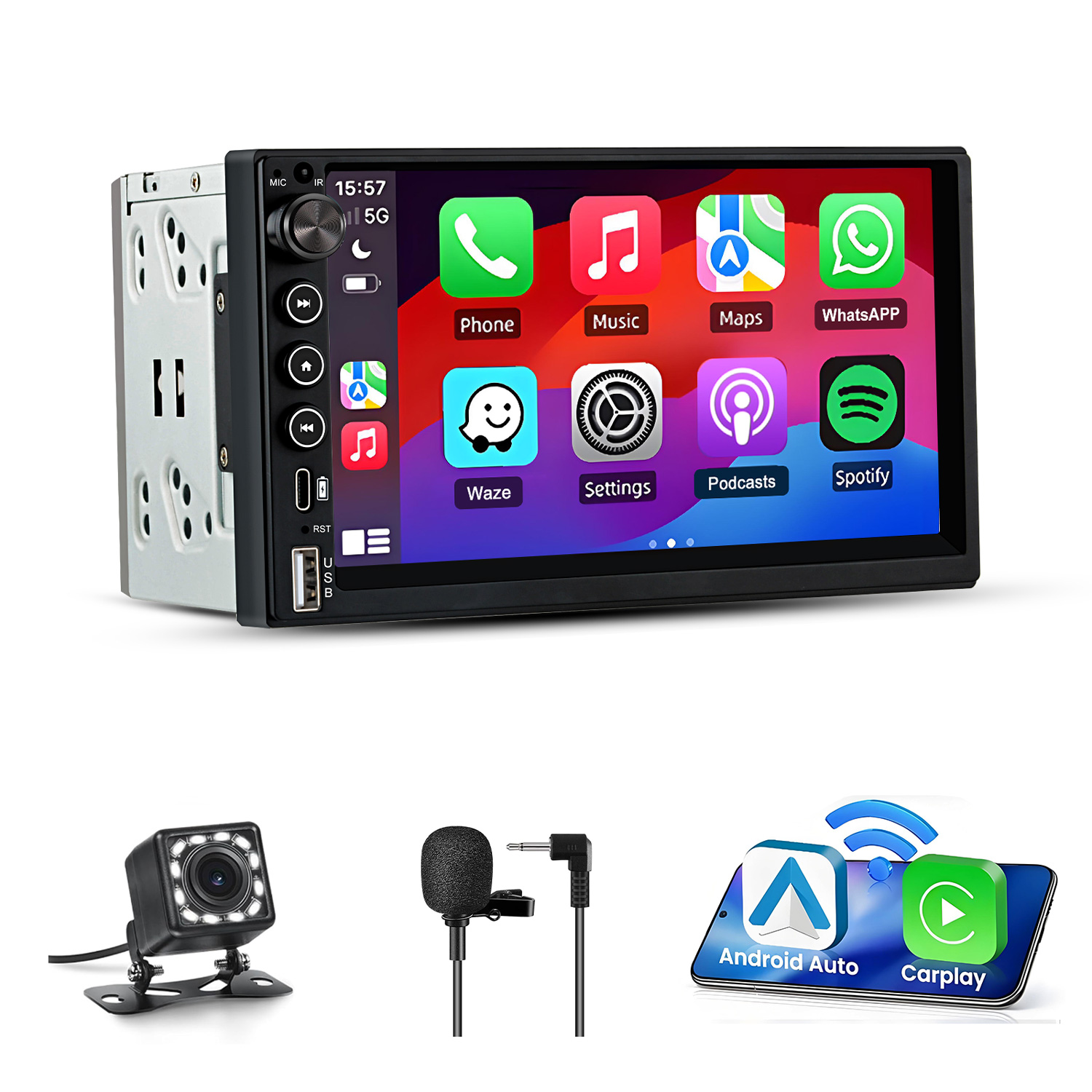 Estéreo de coche con pantalla táctil mostrando apps. Incluye cámara trasera, micrófono.