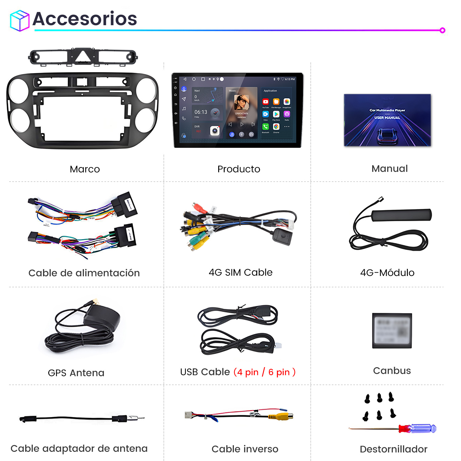 Pantalla, marco, cables, antenas, USB, Canbus, destornillador y herramientas.