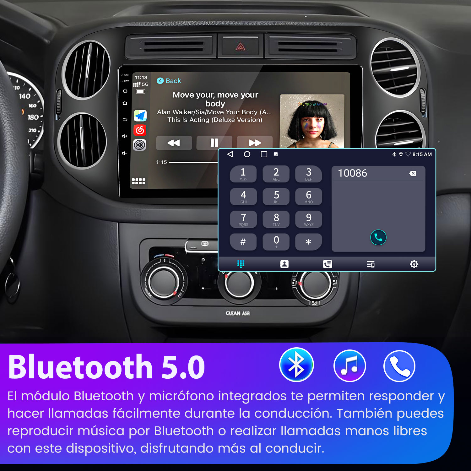 Pantalla de infoentretenimiento del coche muestra canción y teclado. Bluetooth 5.0.