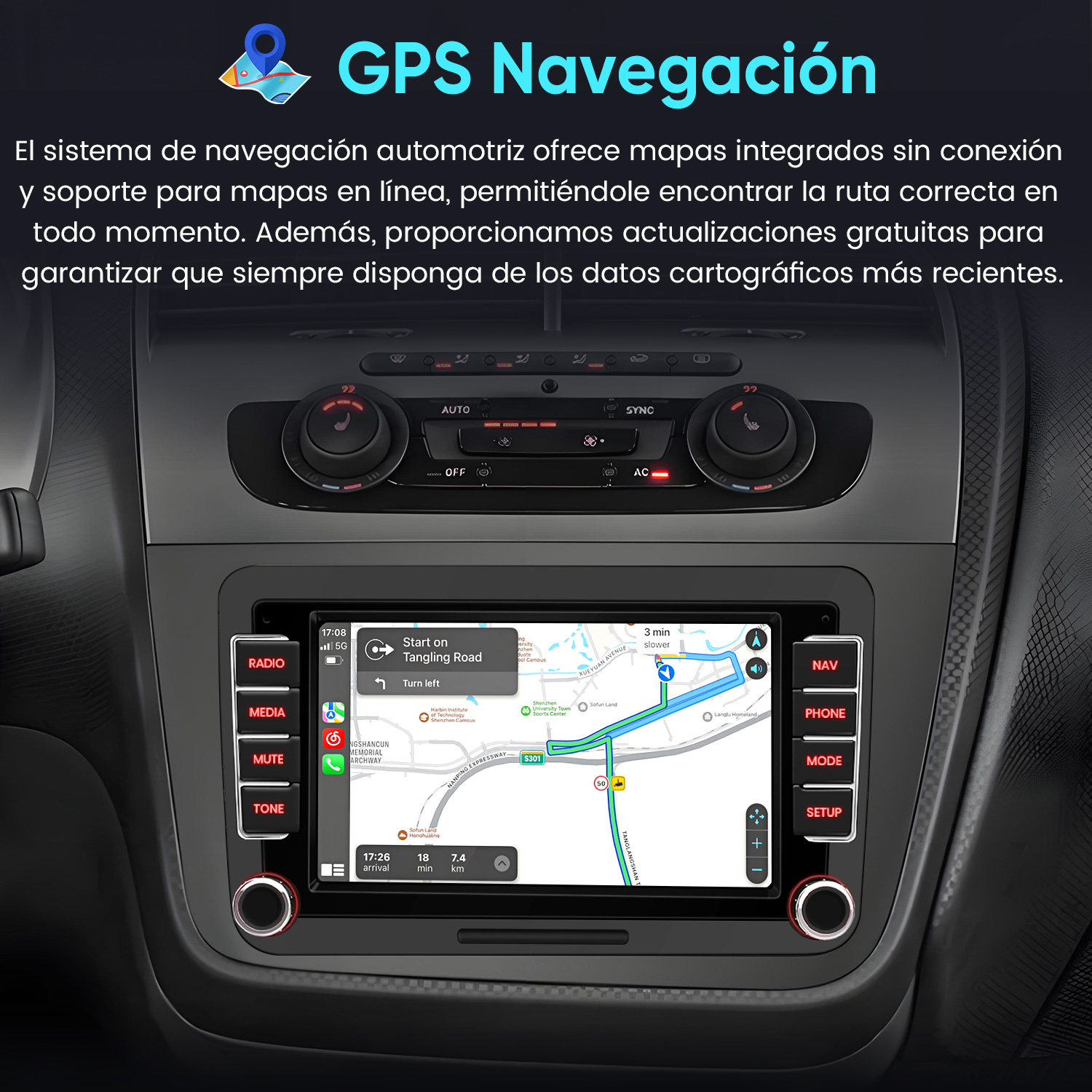 Salpicadero de coche mostrando un sistema de navegación GPS con una ruta.
