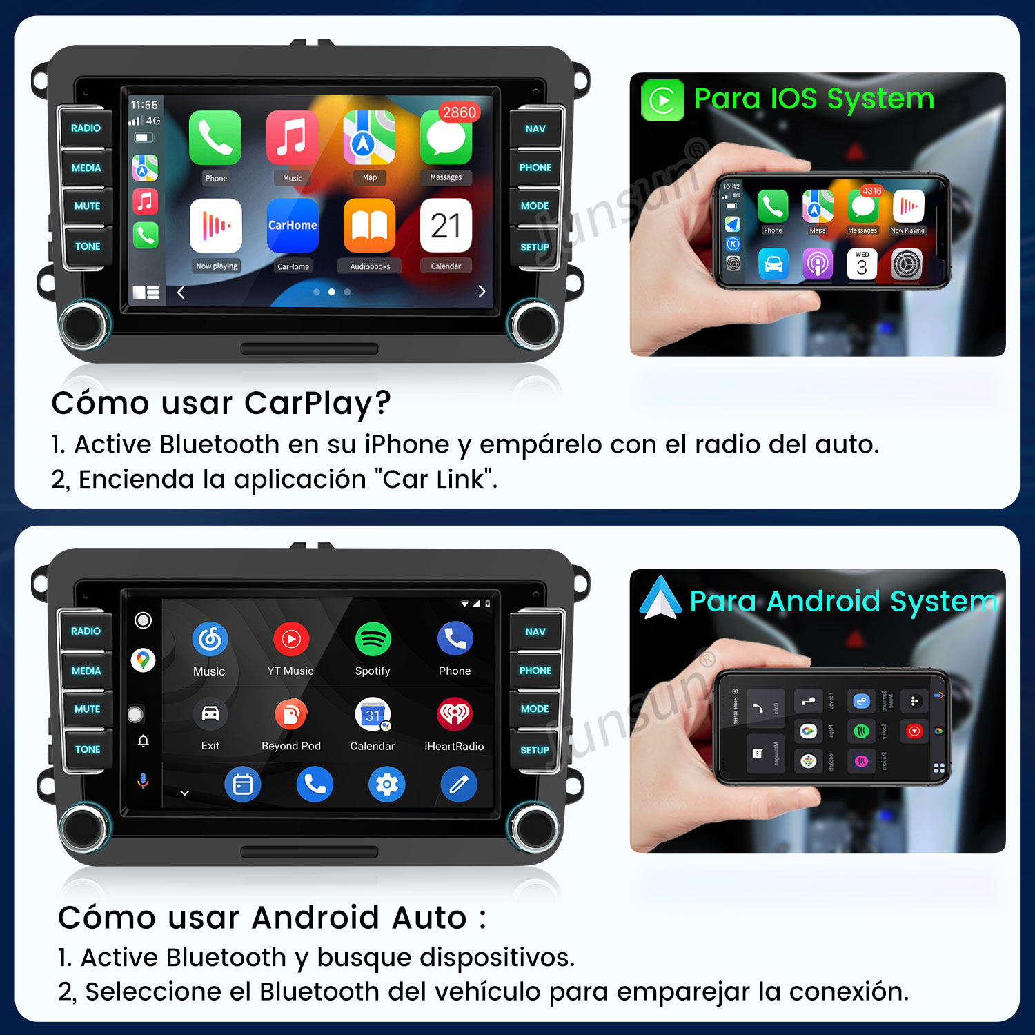 Pantalla de auto mostrando interfaces de CarPlay y Android Auto.