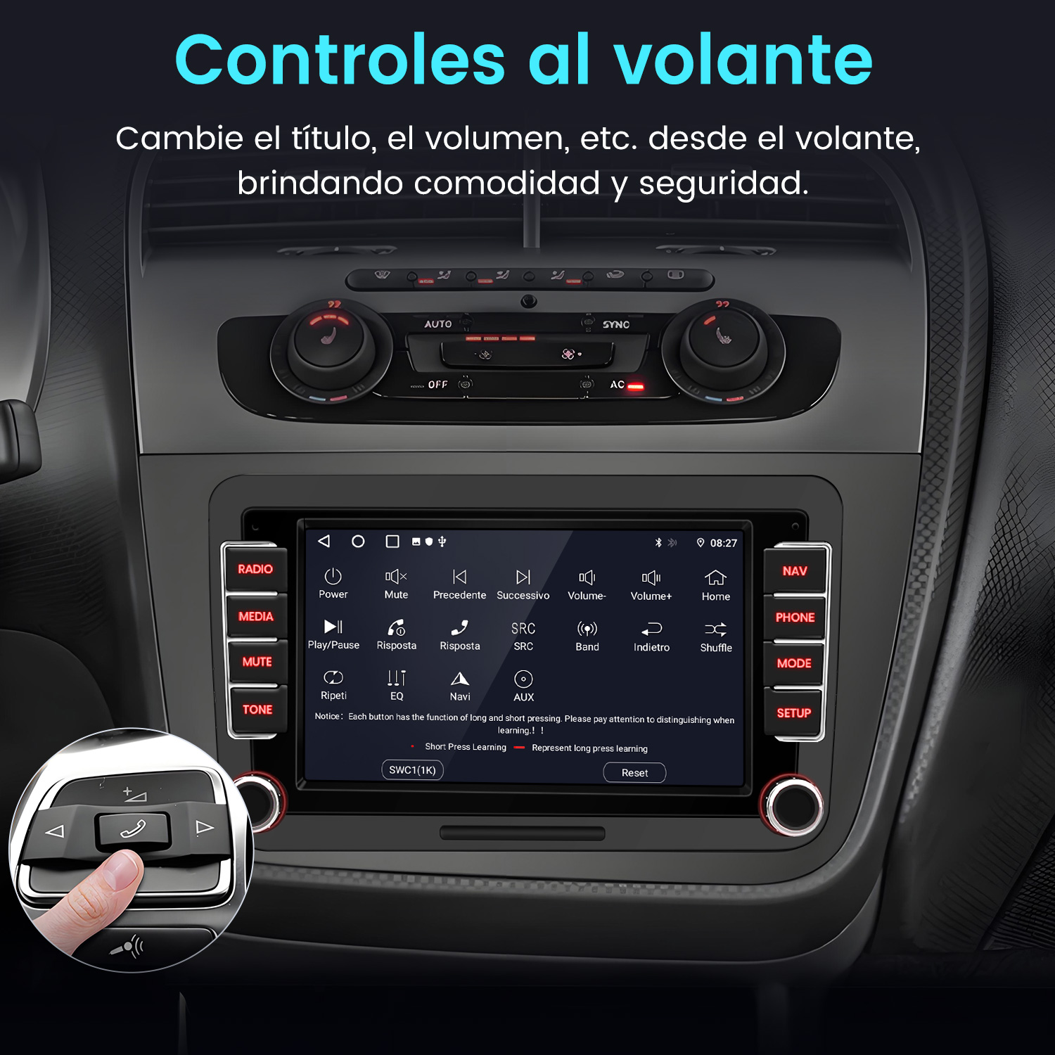 Un dedo presiona un botón en el volante de un coche, con el sistema de infoentretenimiento activo.
