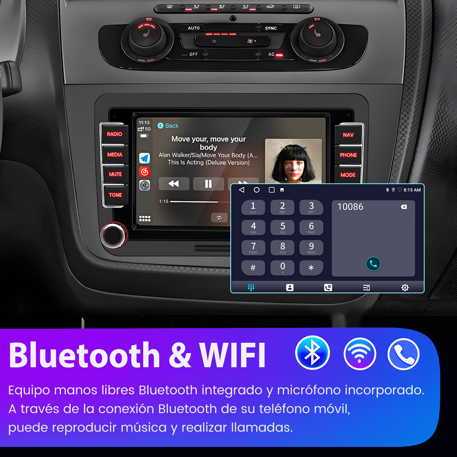 Radio de coche con pantalla táctil mostrando reproducción de música y teclado. Abajo: iconos Bluetooth y WIFI.