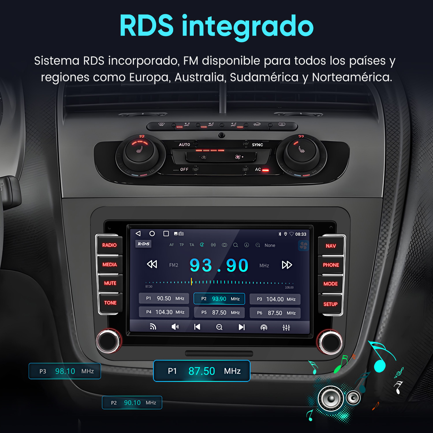Radio de coche con RDS y función FM, mostrando emisoras y frecuencias.
