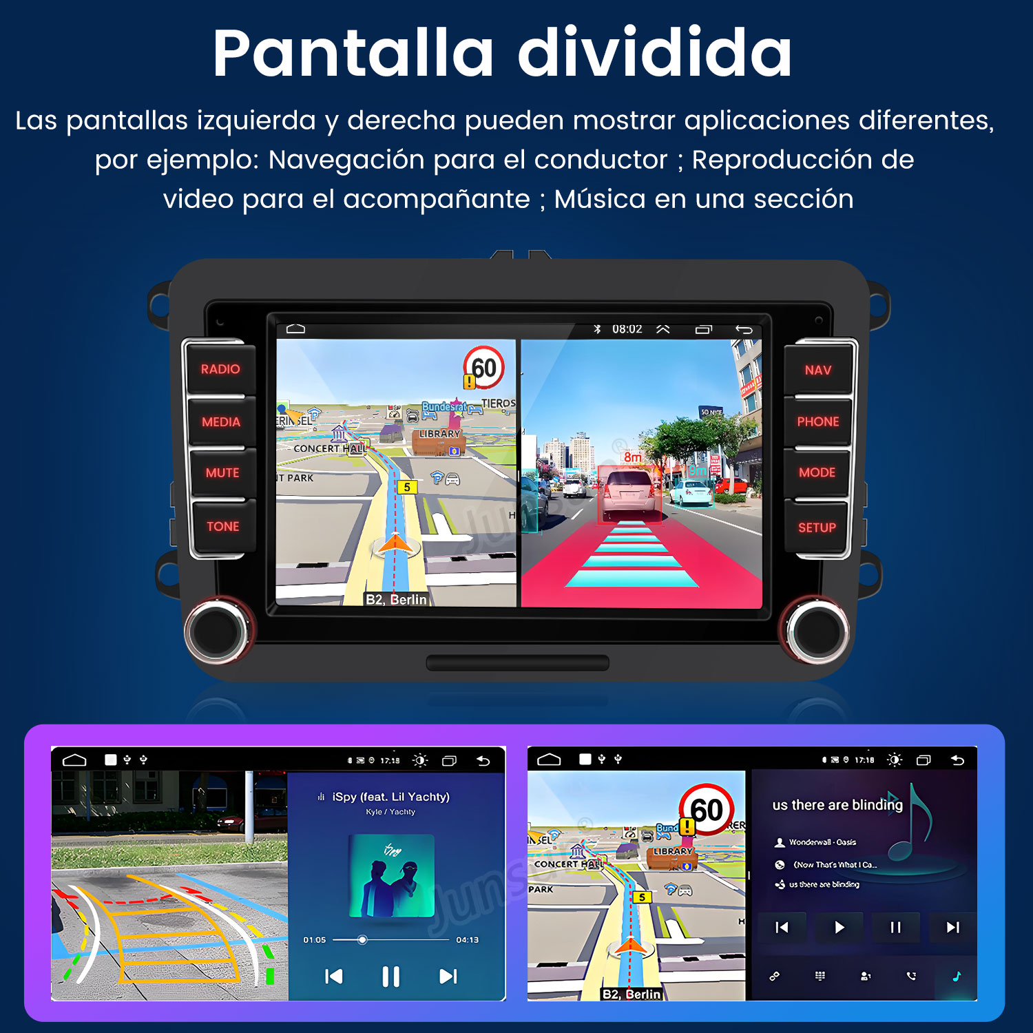 Pantalla dividida mostrando navegación, video y música.