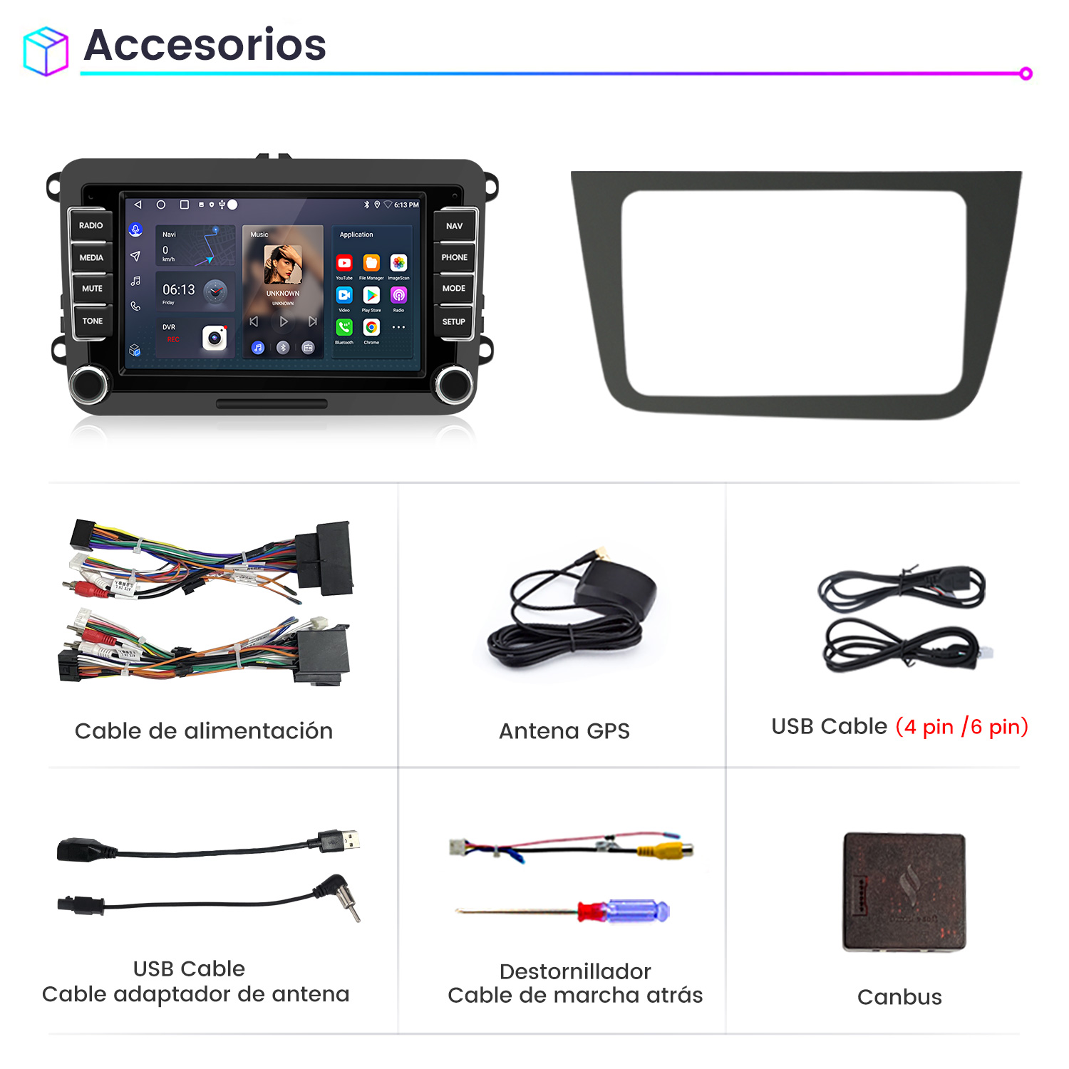 Pantalla de radio de coche, marco, cables, antena, cables USB, destornillador, caja Canbus.