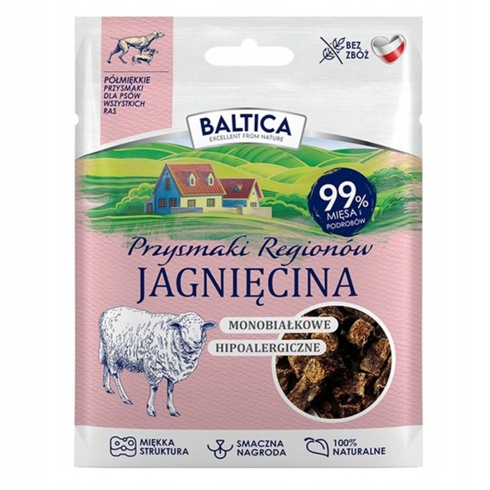 Opakowanie przysmaków jagnięcych dla psów z farmą, owcą i tekstem.