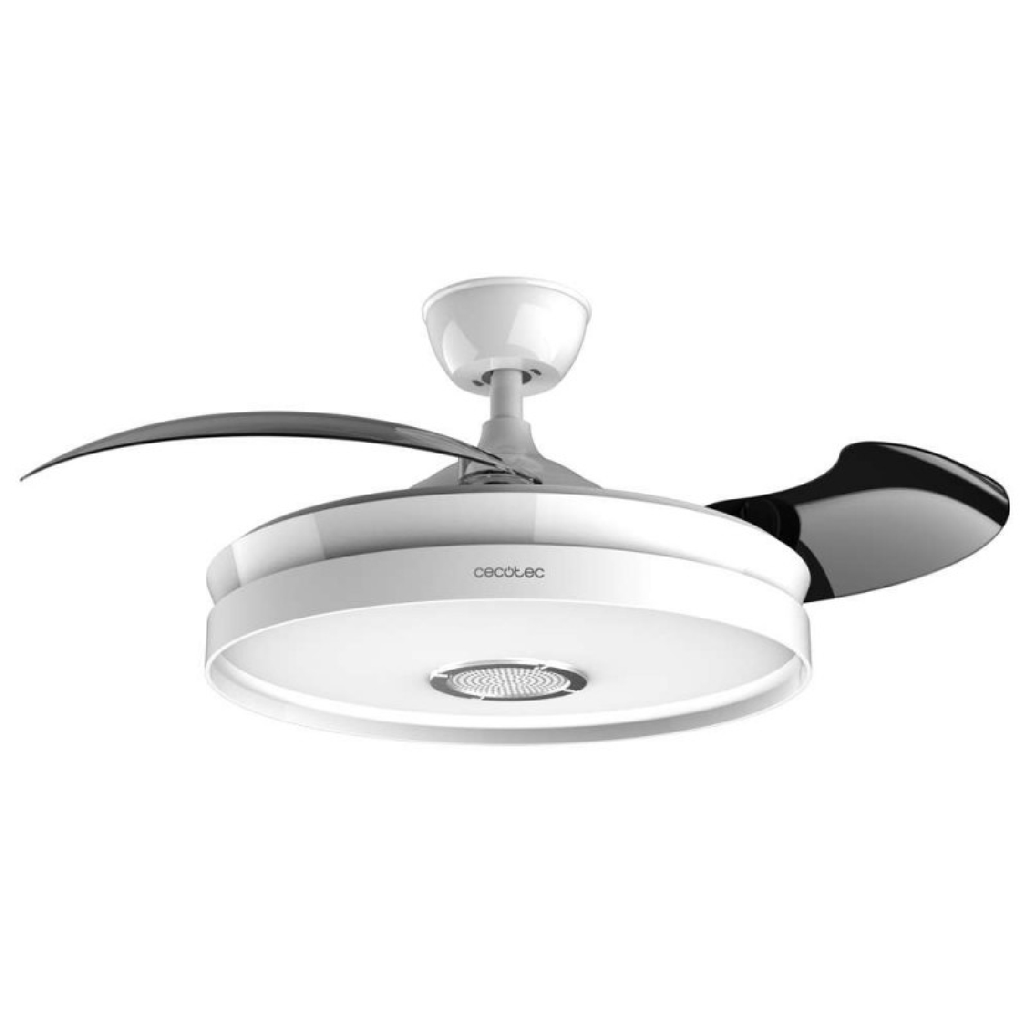 Moderna ventola da soffitto bianca con luce LED e tre pale nere.
