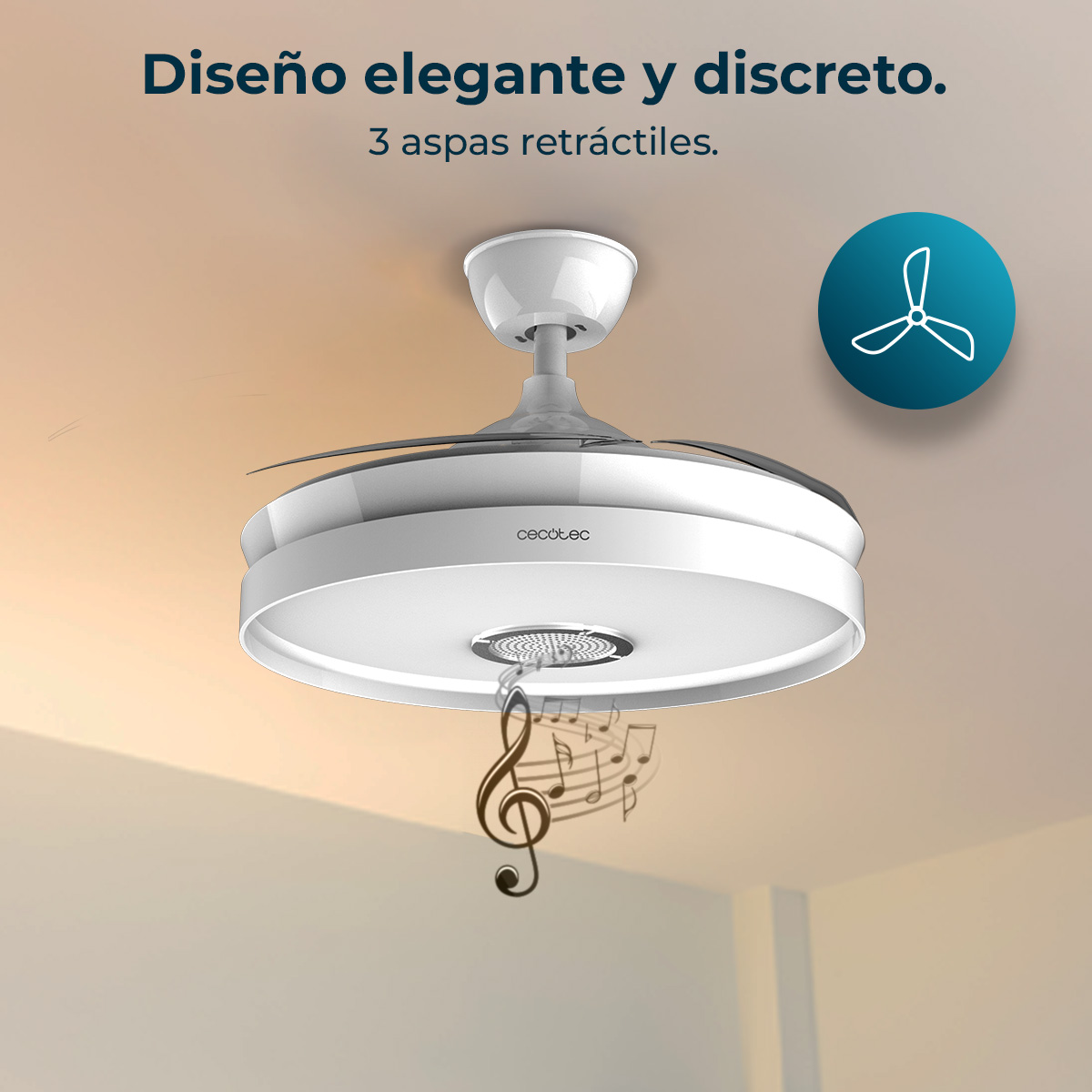 Lampada ventilatore da soffitto bianca con pale retrattili e icona note musicali.