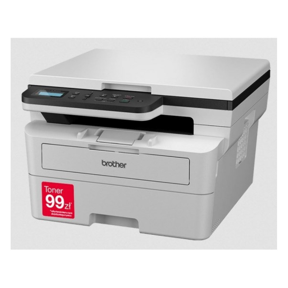 Biała drukarka Brother z czarnym panelem sterowania i czerwoną naklejką tonera.