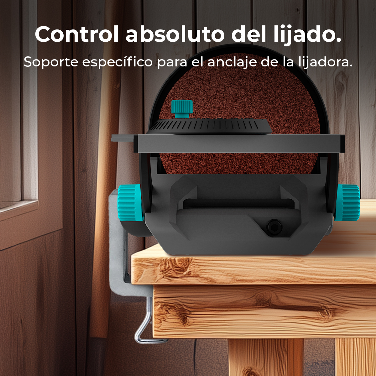 Soporte para lijadora con disco marrón y perillas turquesas sobre mesa de madera.