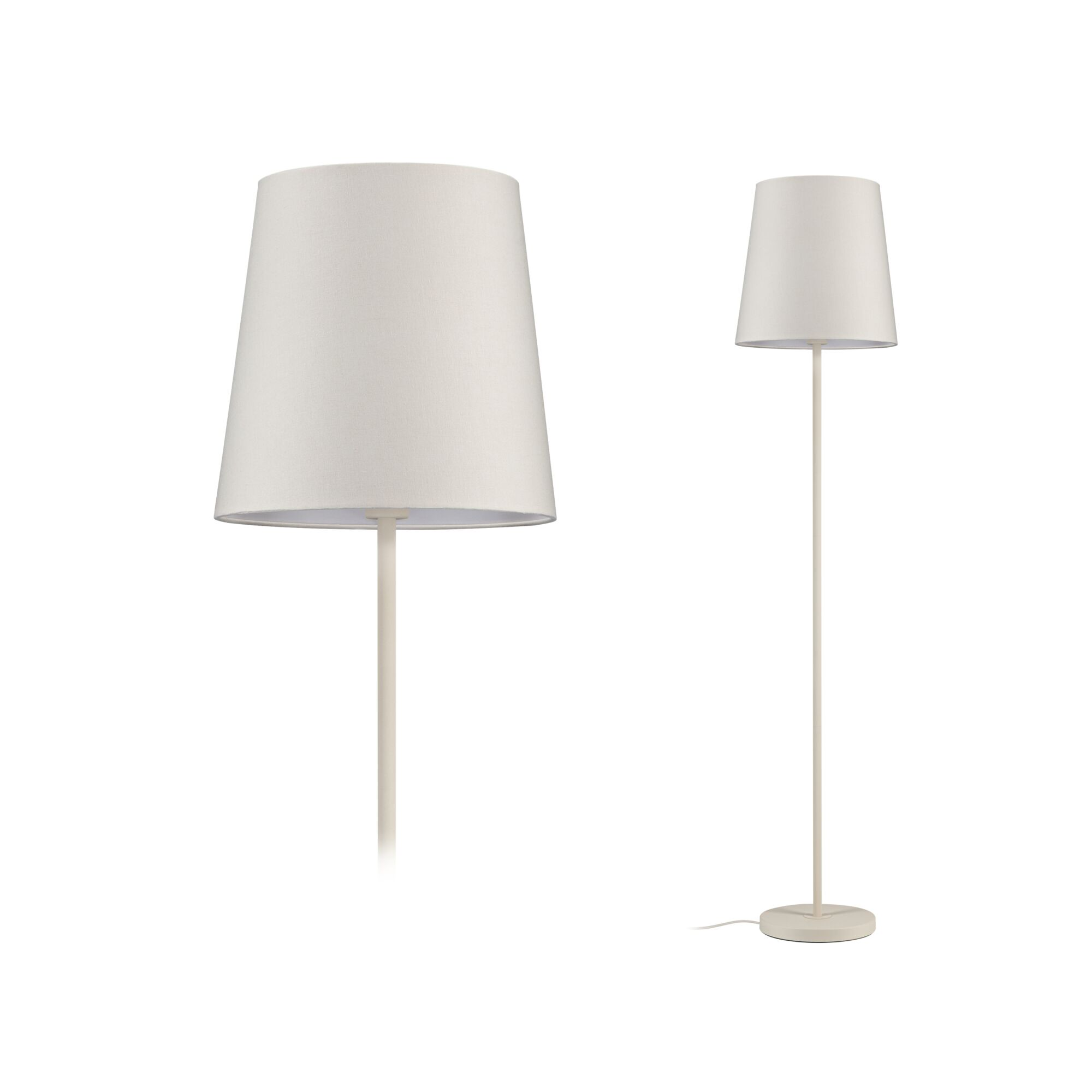 Biała lampa podłogowa z kloszem stożkowym na okrągłej podstawie.