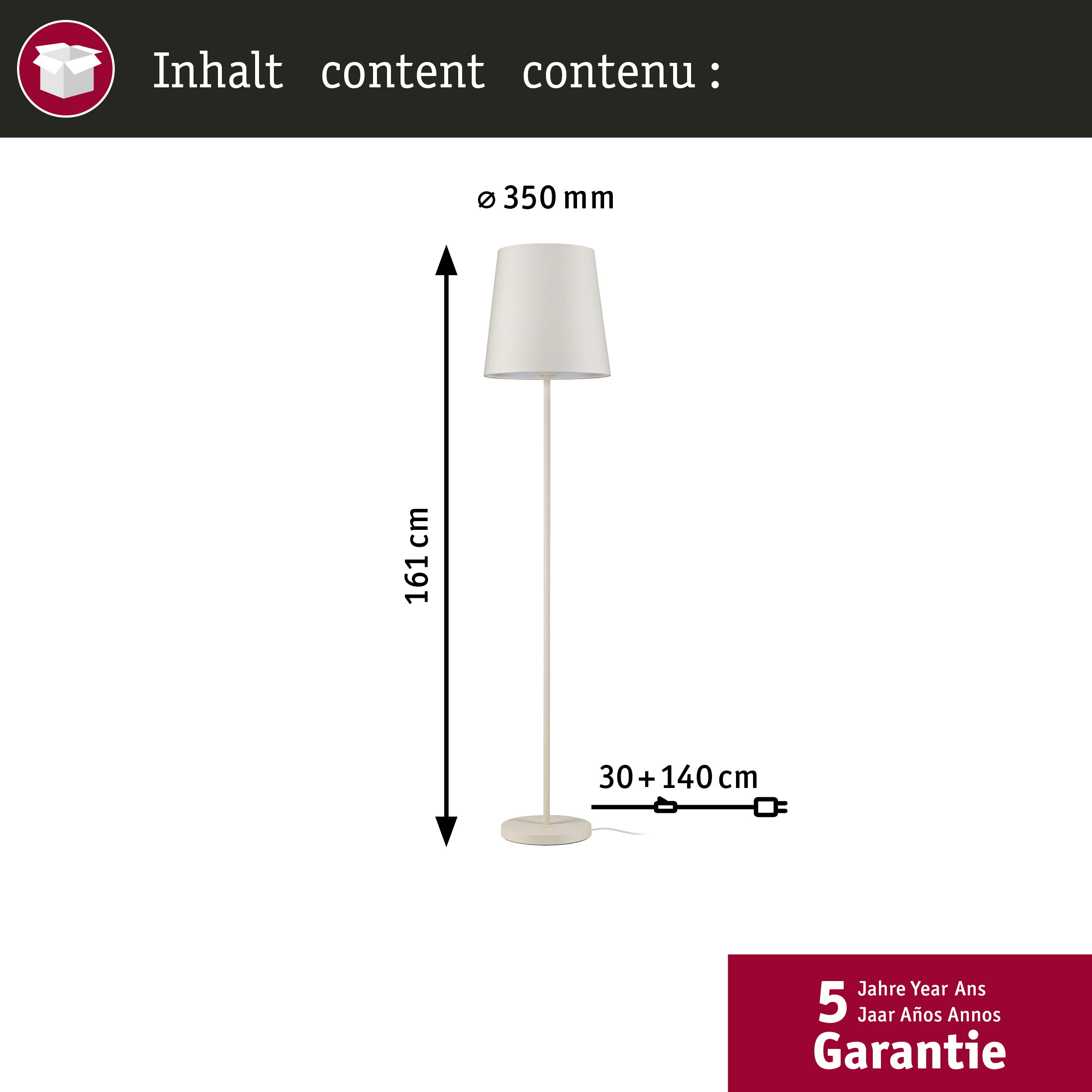 Biała lampa podłogowa o wysokości 161 cm i średnicy 35 cm.