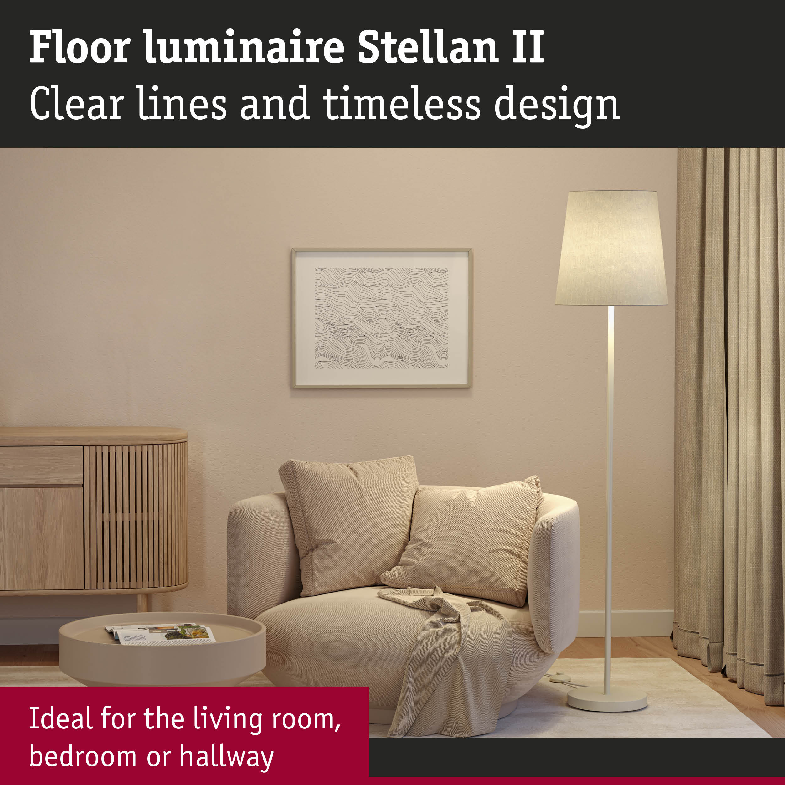 Minimalistyczny salon z lampą podłogową, fotelem, stolikiem kawowym i dziełem sztuki.