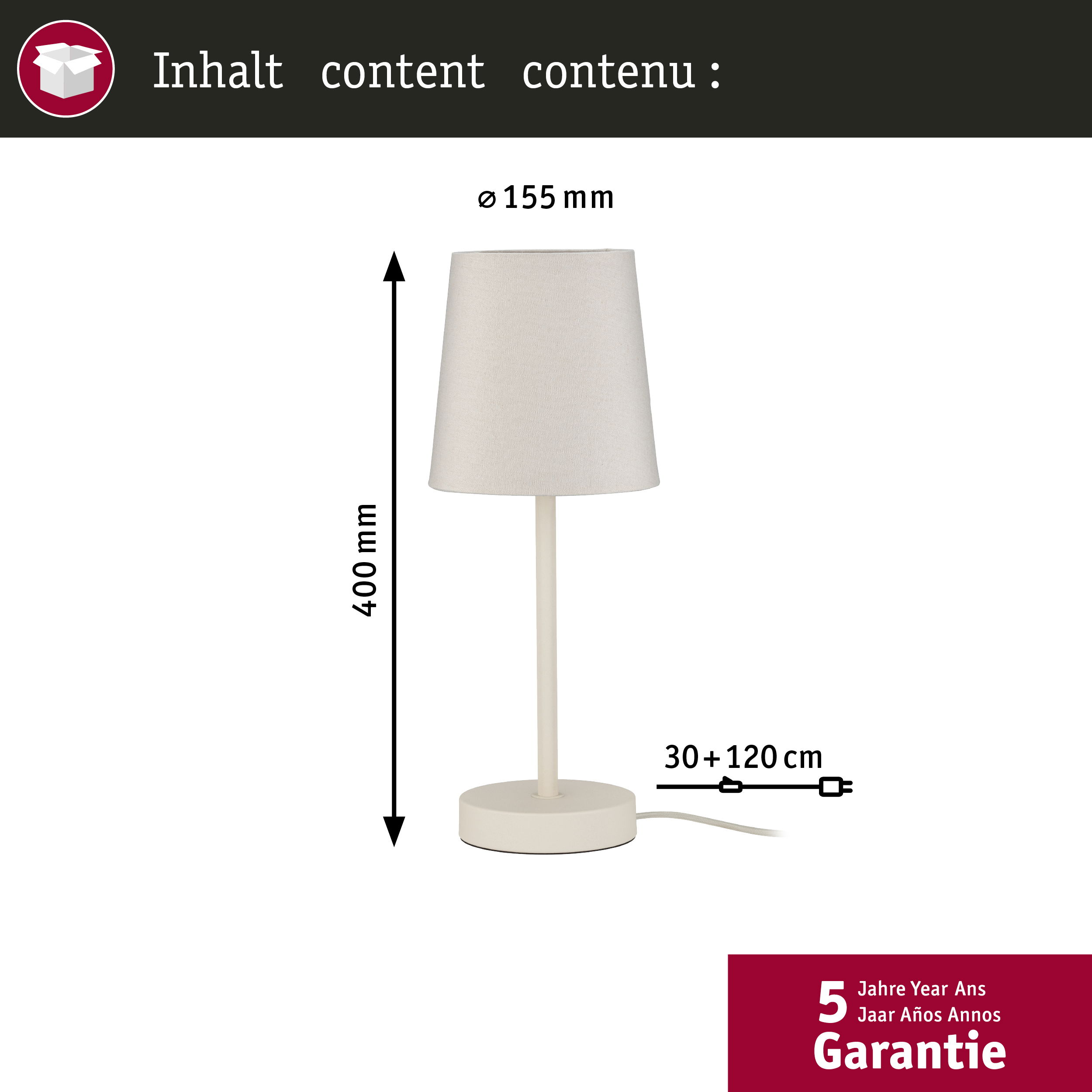 Biała lampa stołowa z materiałowym kloszem, 400mm wys., 155mm średn.