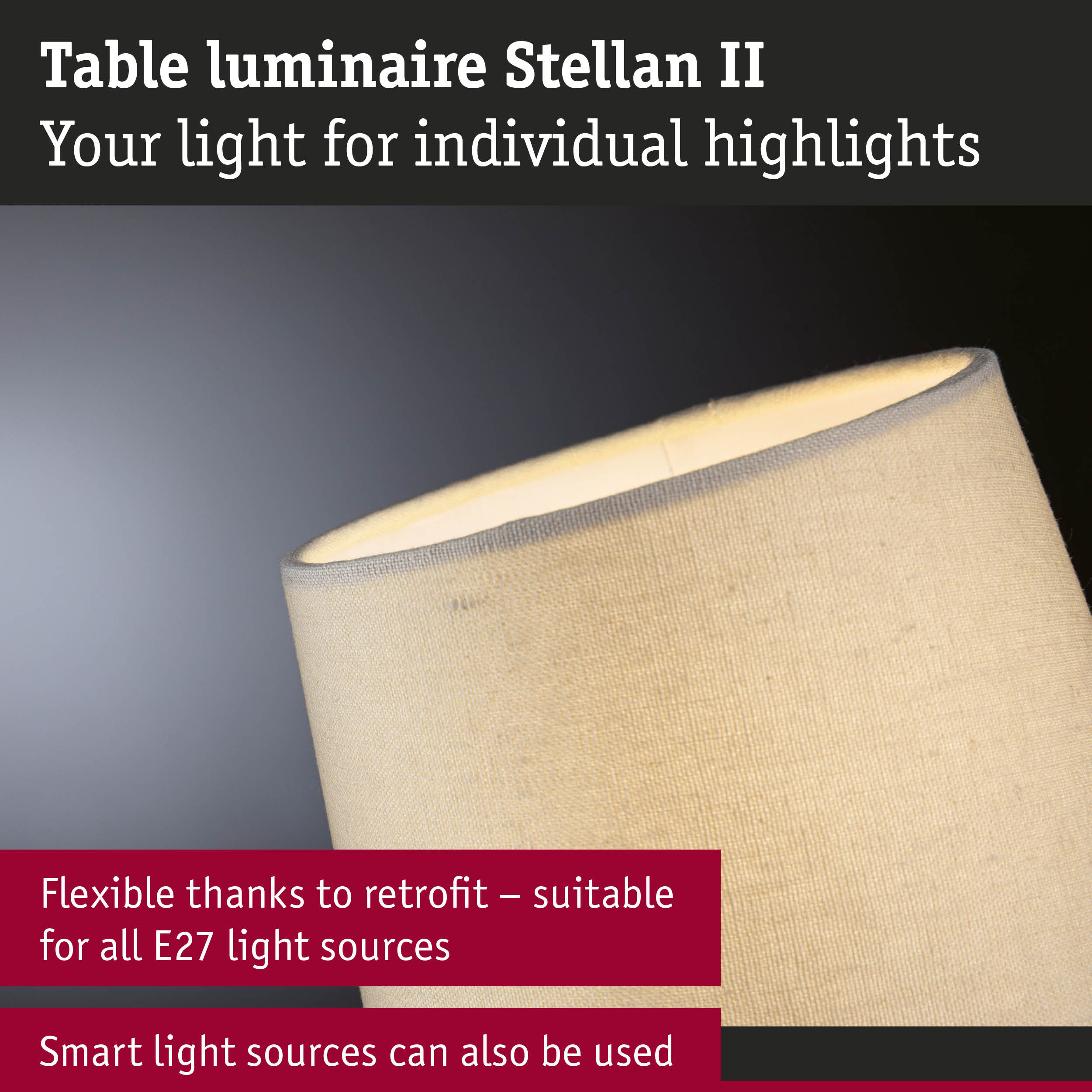 Lampa stołowa z materiałowym kloszem, jasno oświetlona. Tekst o elastyczności.