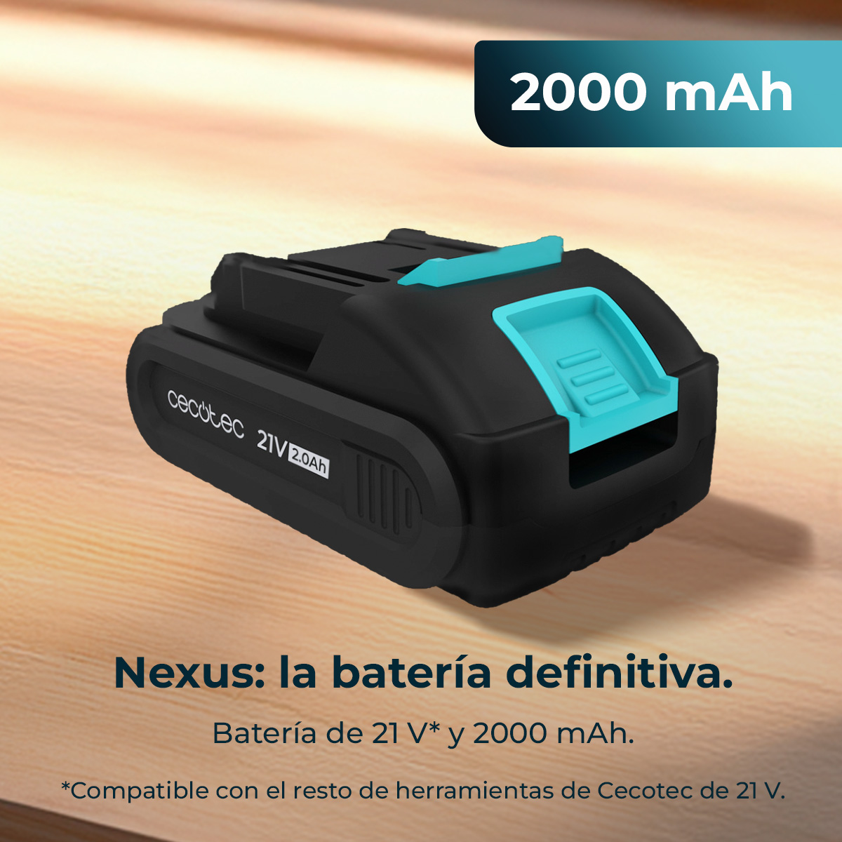 Batteria nera con accenti turchesi, 21V, 2000 mAh.