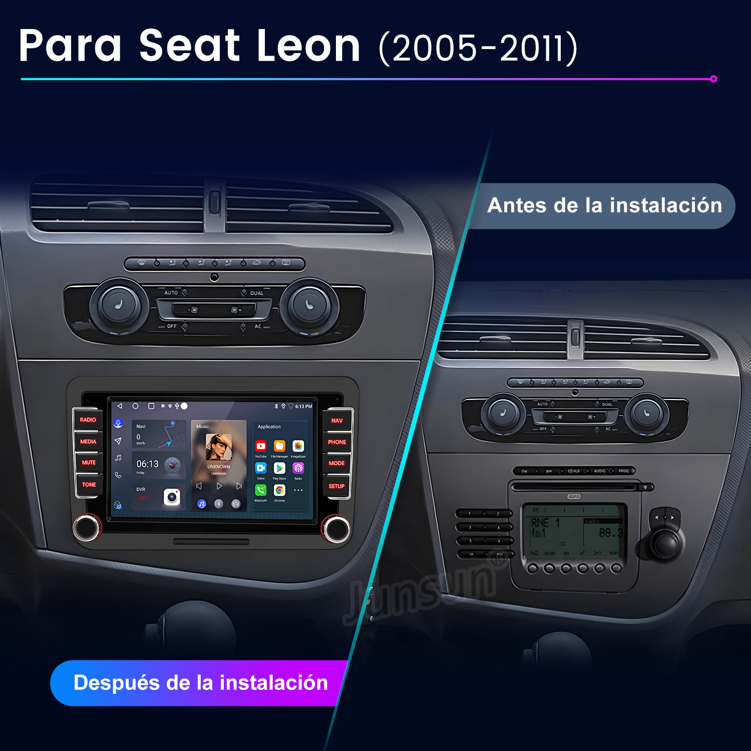 Comparación antes y después: salpicadero Seat Leon con sistema de infoentretenimiento antiguo y nuevo.