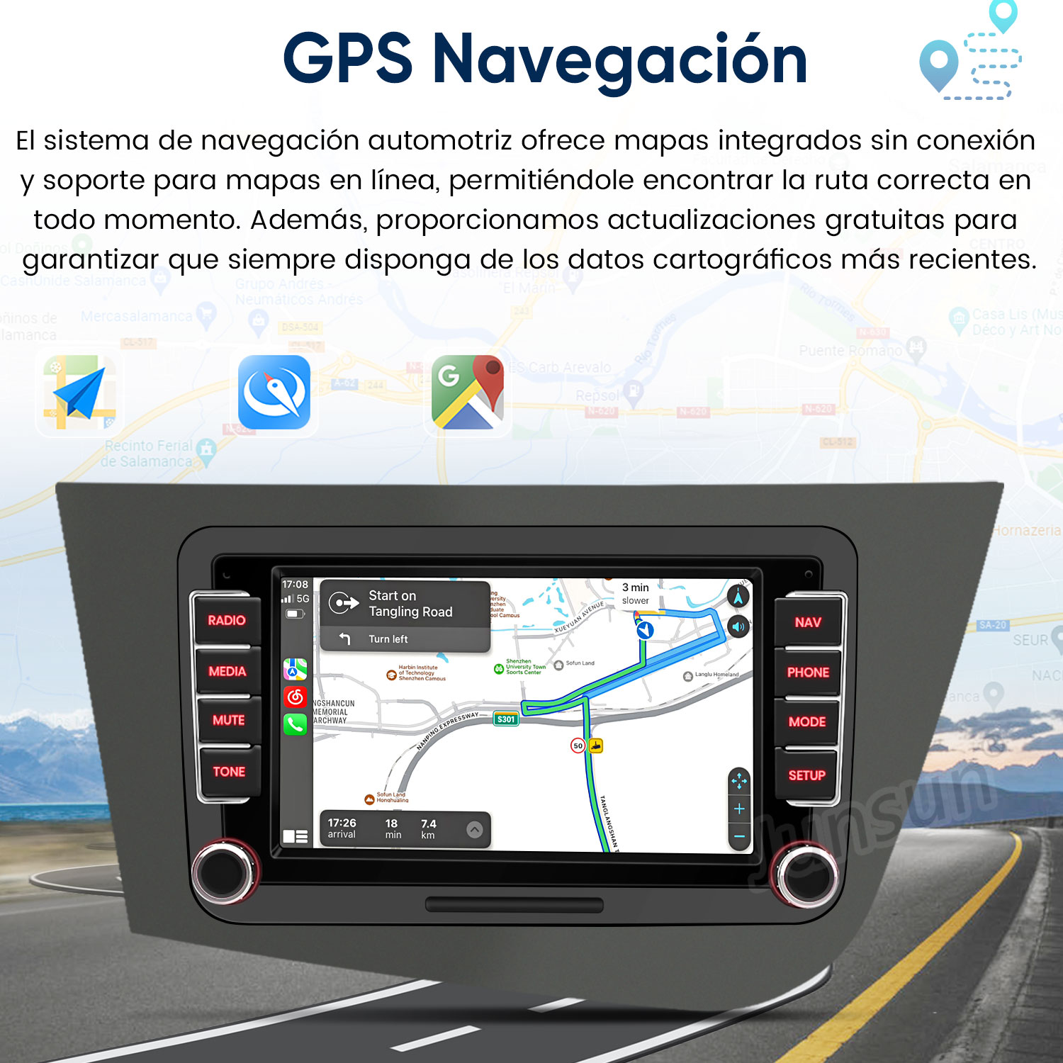 Panel de coche mostrando navegación GPS con mapa, ruta, hora y distancia.