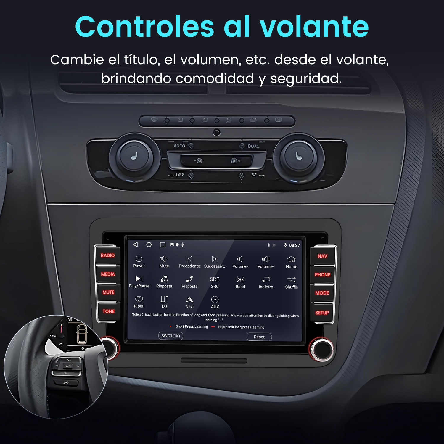 Sistema de infoentretenimiento de coche con pantalla táctil y mandos en el volante.