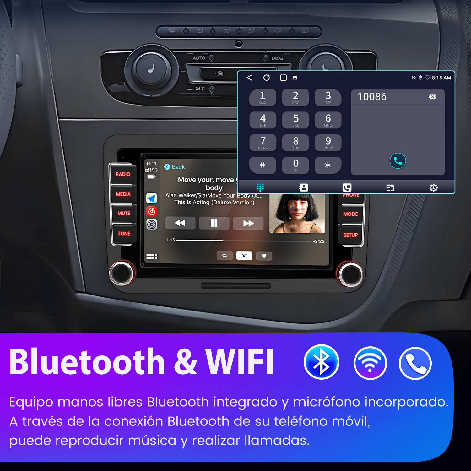 Sistema de infoentretenimiento del coche mostrando marcador y reproductor.