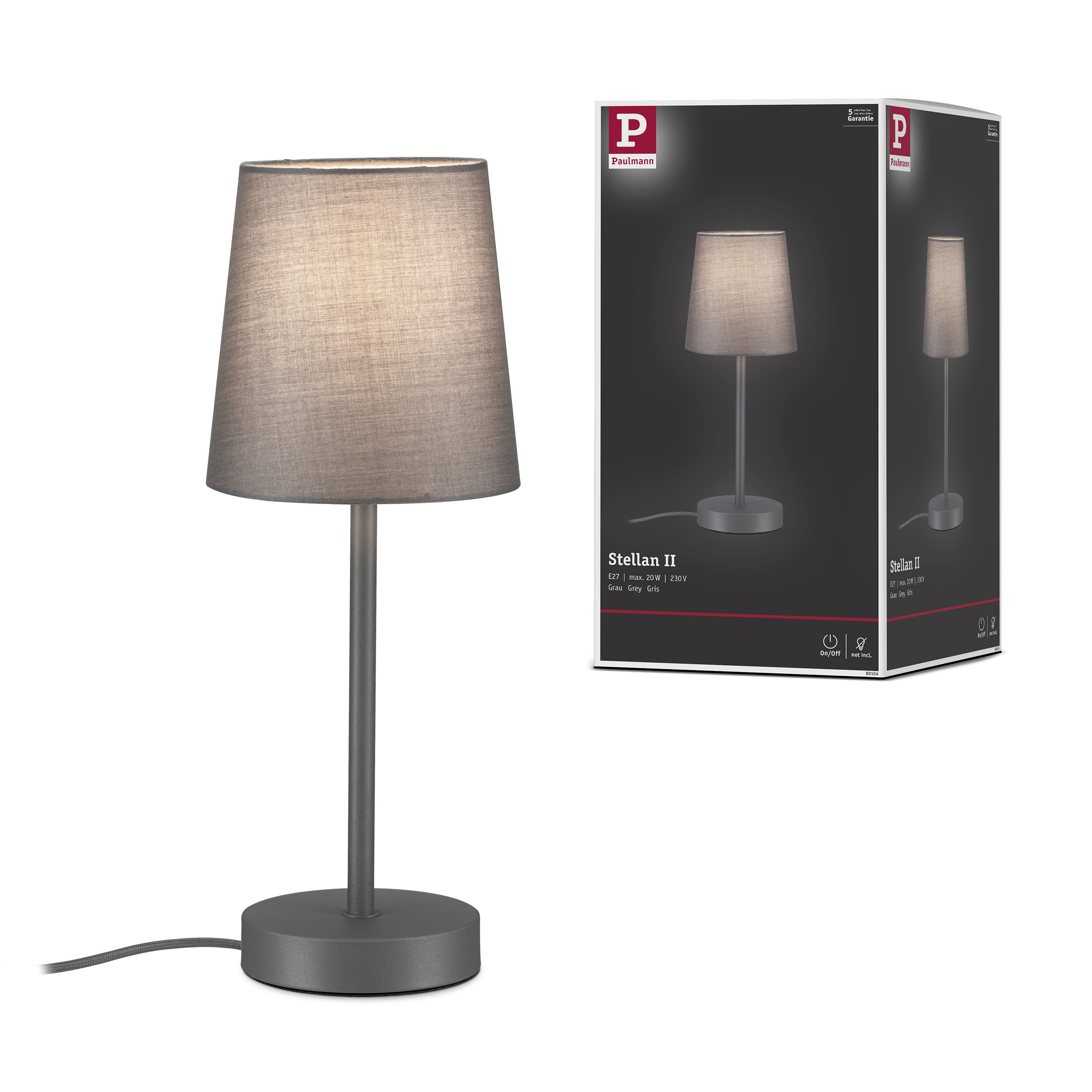 Szara lampa stołowa z materiałowym kloszem i srebrną podstawą.