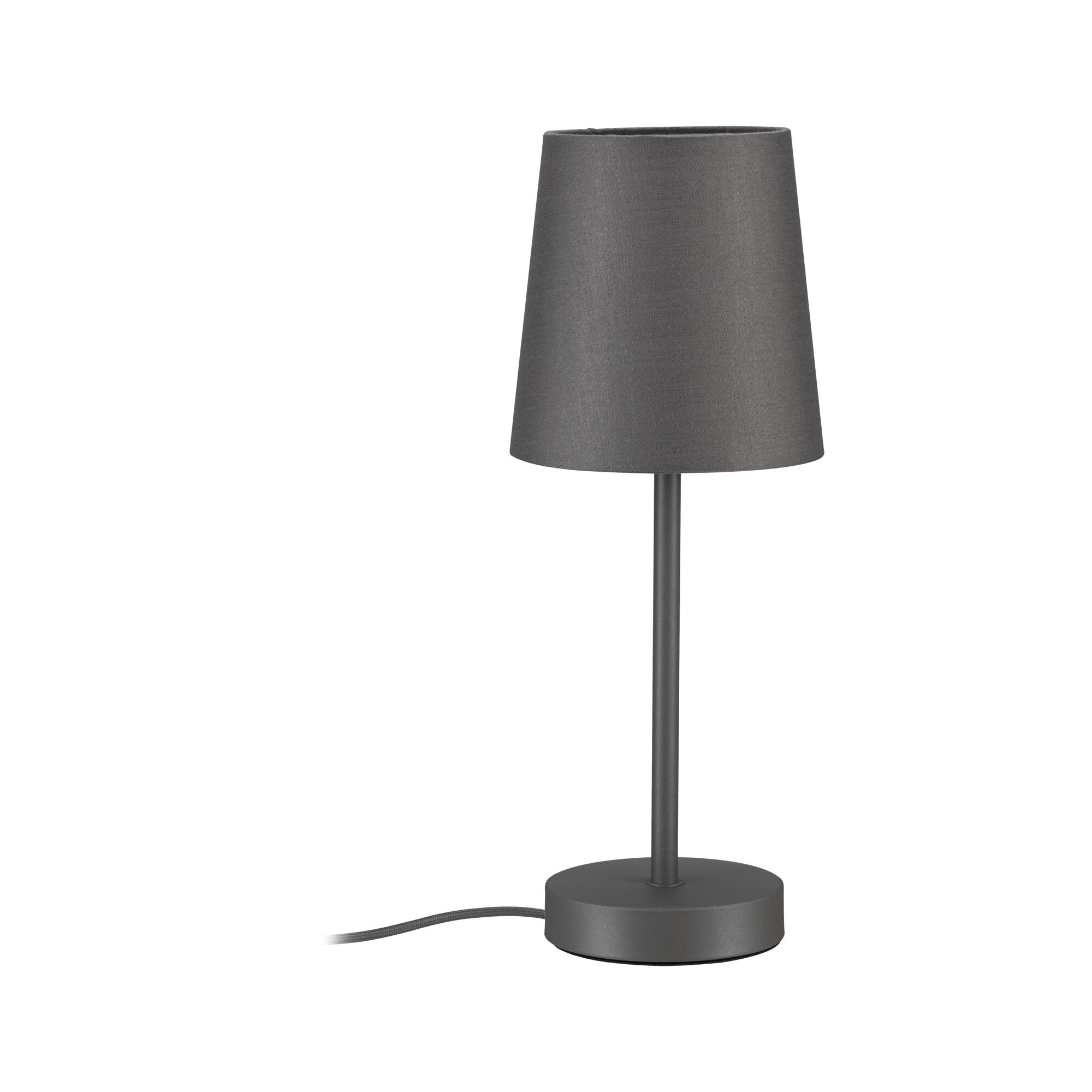 Ciemnoszara lampa stołowa z cylindrycznym kloszem i okrągłą podstawą.