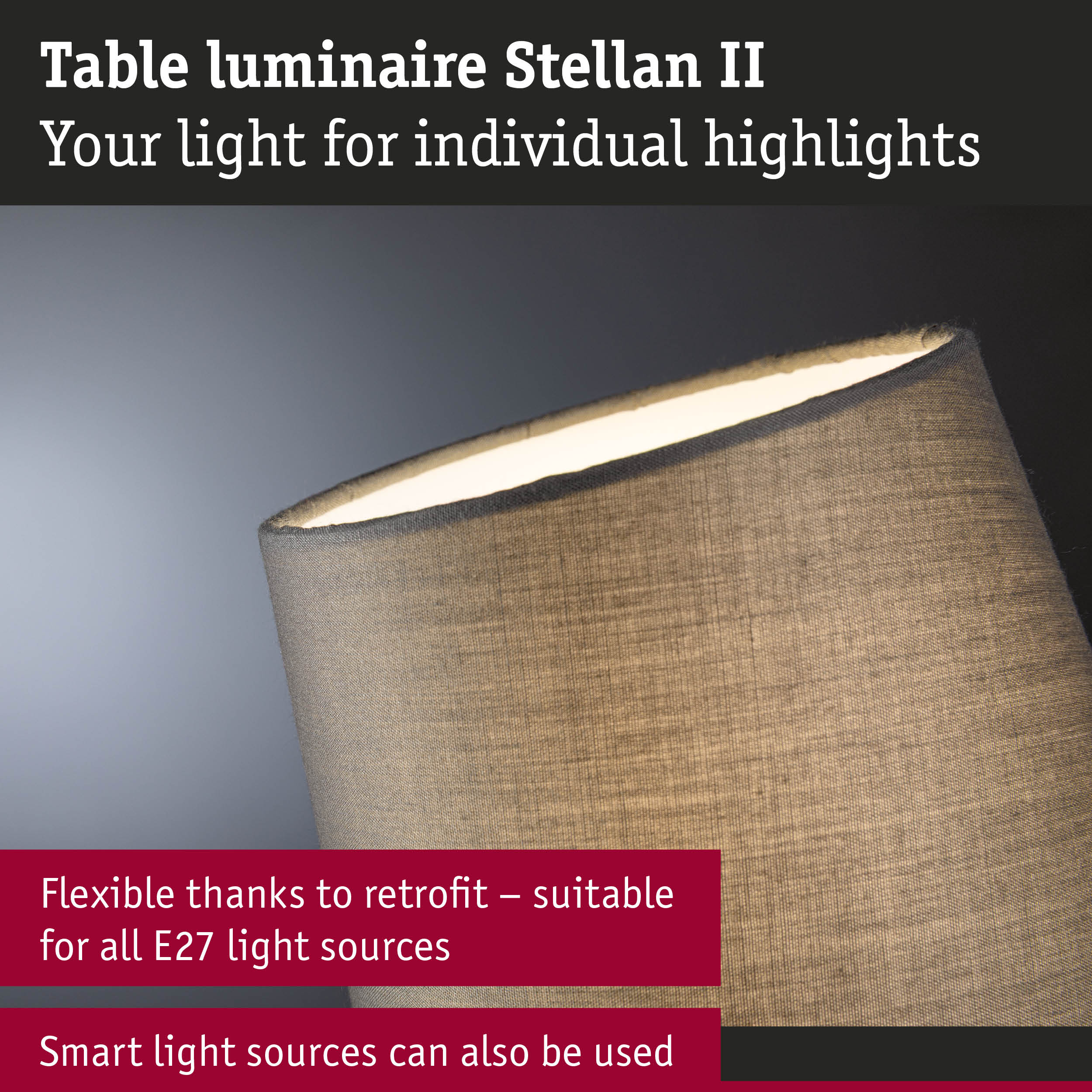 Lampa stołowa Stellan II z szarym abażurem, pasuje do żarówek E27.