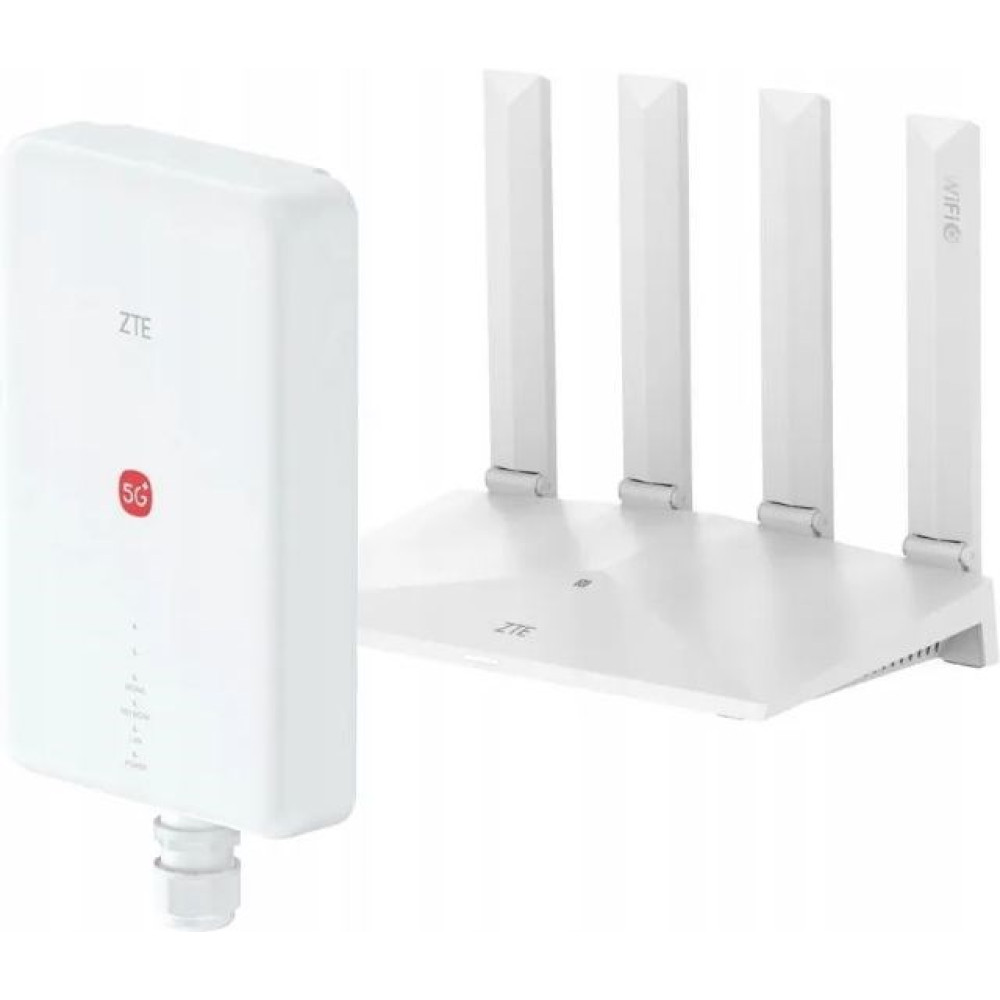 Dwa białe urządzenia ZTE: wzmacniacz 5G i router z czterema antenami.