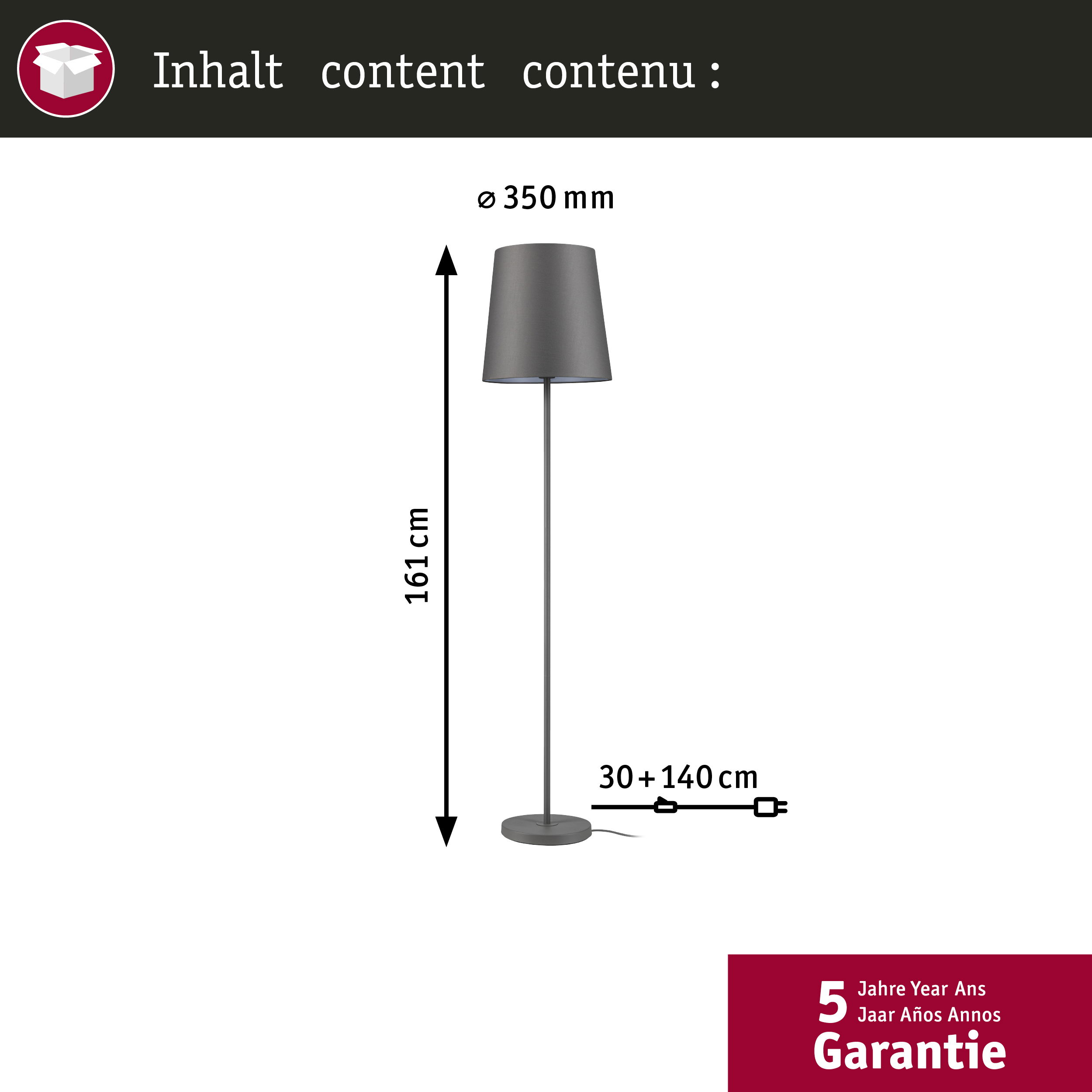 Szara lampa podłogowa, wysoka na 161 cm, średnica klosza 350 mm.